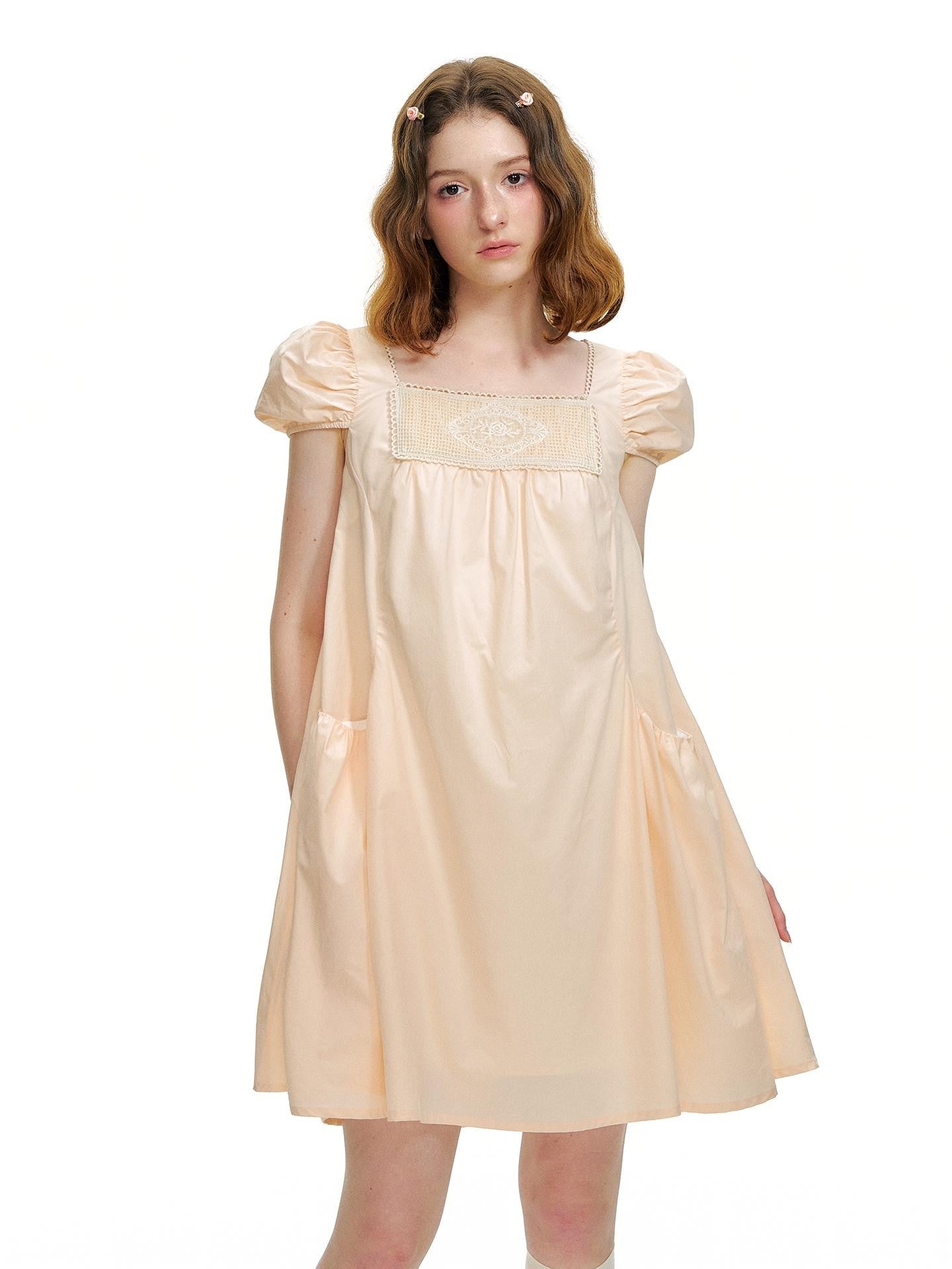 Romance Nanci Peach Pink Lace Embroidered Women's Cotton Lyocell Babydoll Mini Dresses