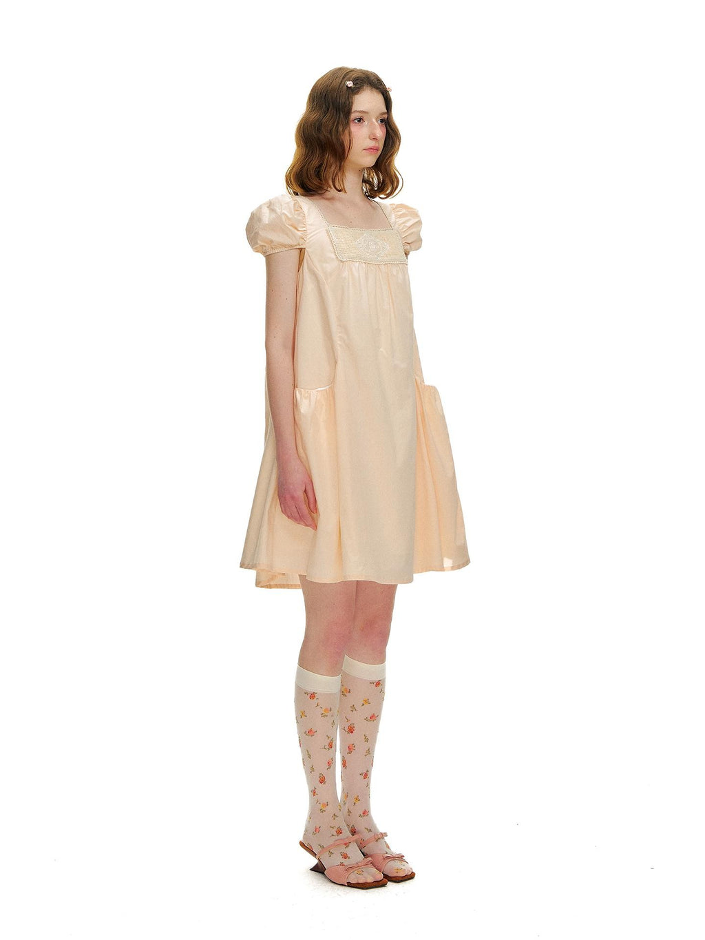 Romance Nanci Peach Pink Lace Embroidered Women's Cotton Lyocell Babydoll Mini Dresses