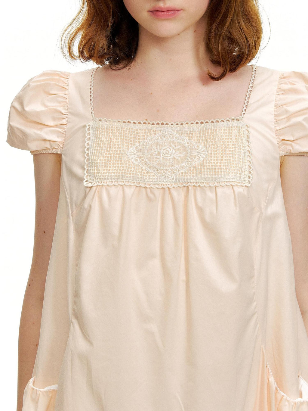 Romance Nanci Peach Pink Lace Embroidered Women's Cotton Lyocell Babydoll Mini Dresses