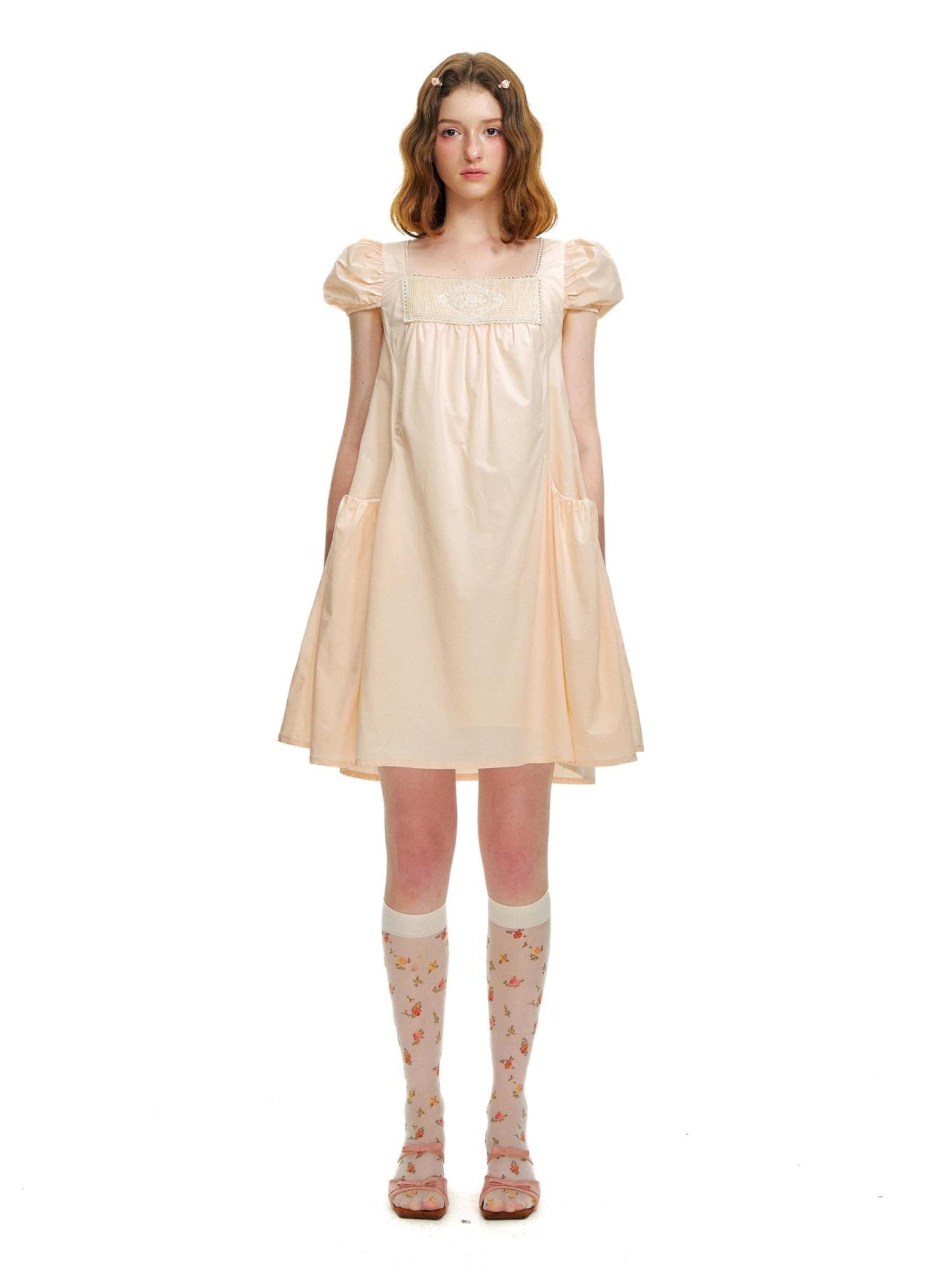 Romance Nanci Peach Pink Lace Embroidered Women's Cotton Lyocell Babydoll Mini Dresses