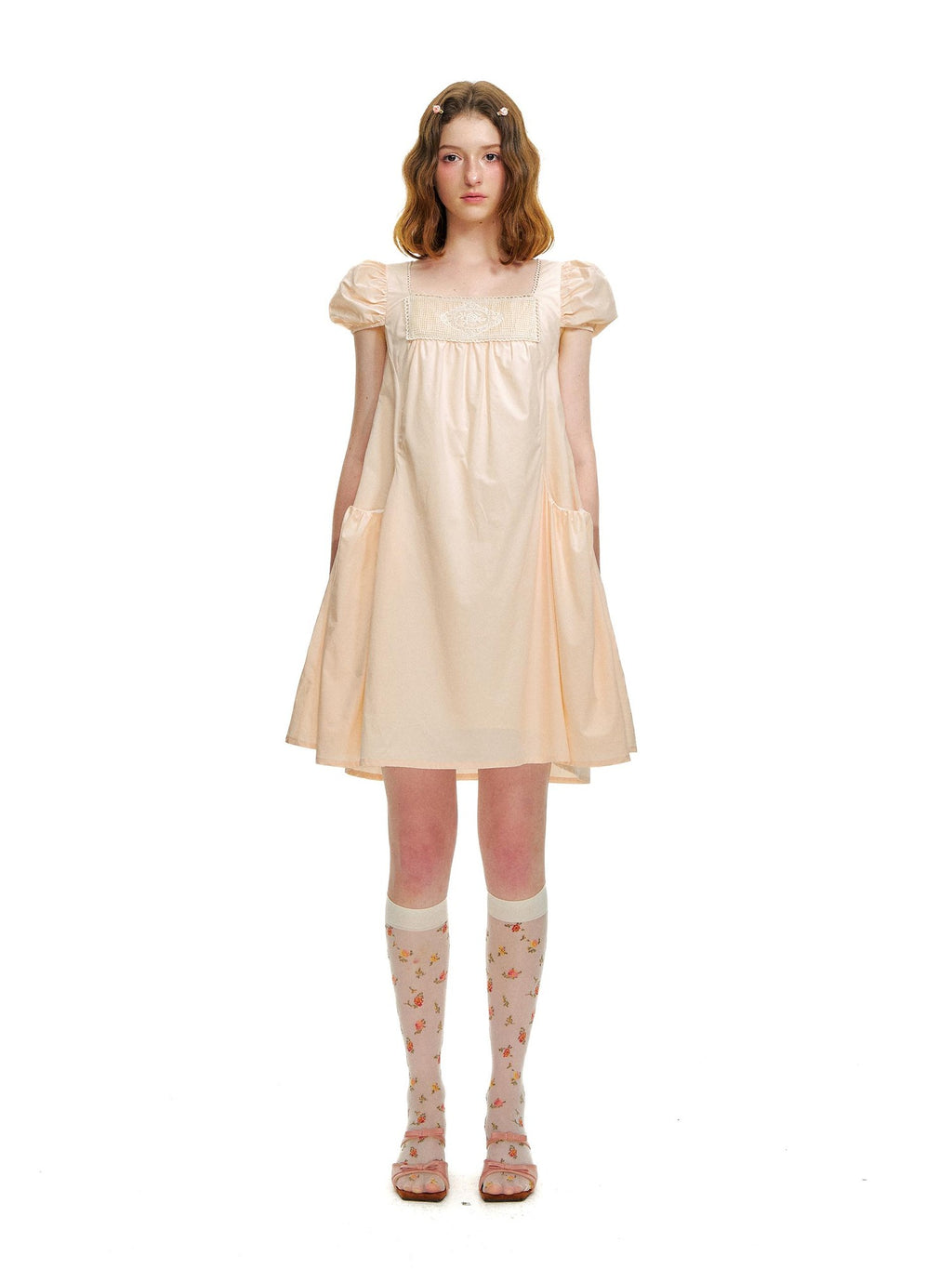 Romance Nanci Peach Pink Lace Embroidered Women's Cotton Lyocell Babydoll Mini Dresses