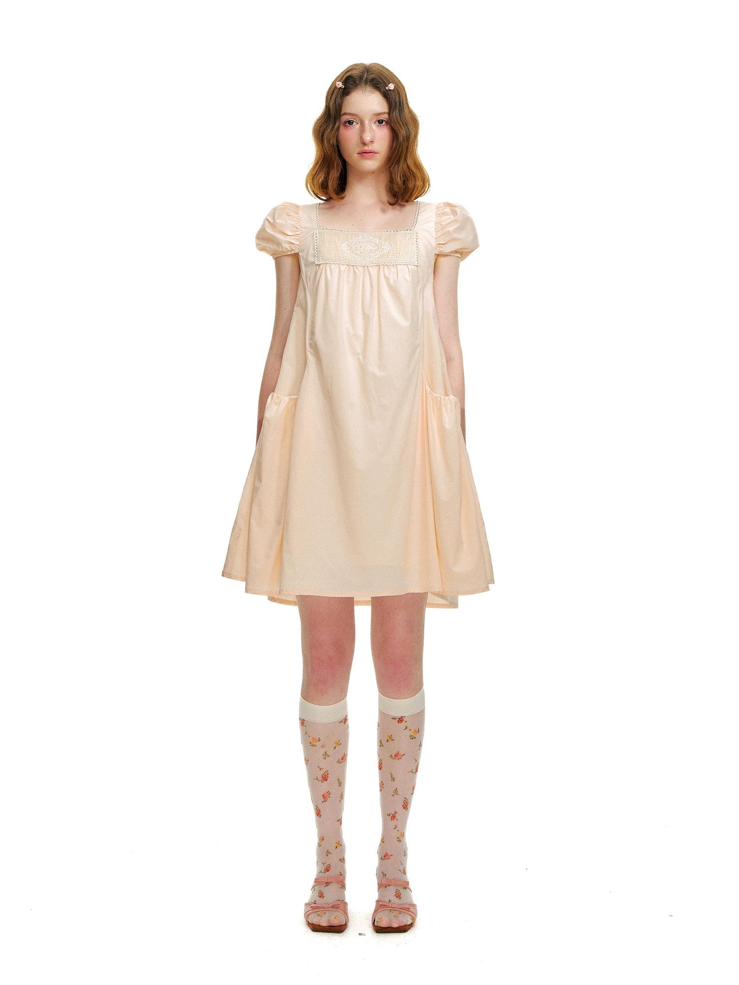 Romance Nanci Peach Pink Lace Embroidered Women's Cotton Lyocell Babydoll Mini Dresses