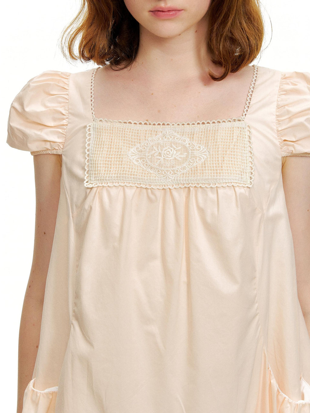 Romance Nanci Peach Pink Lace Embroidered Women's Cotton Lyocell Babydoll Mini Dresses