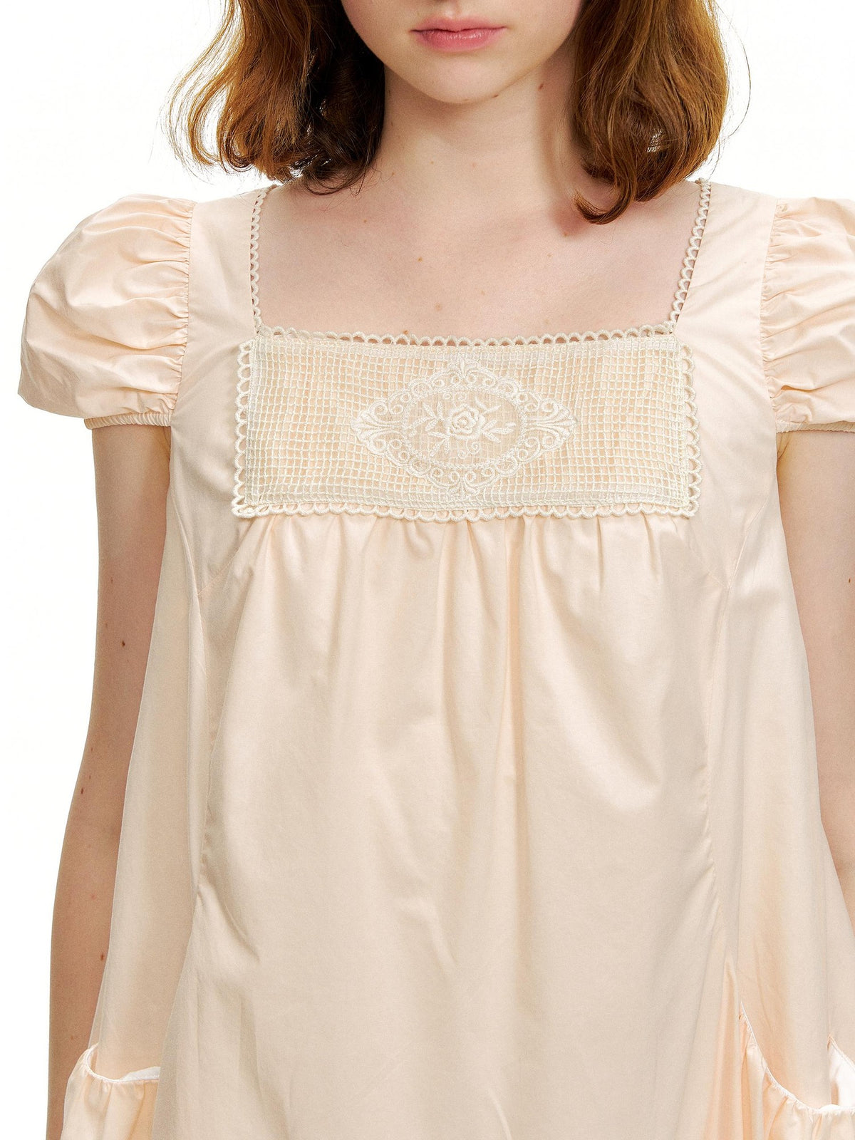 Romance Nanci Peach Pink Lace Embroidered Women's Cotton Lyocell Babydoll Mini Dresses