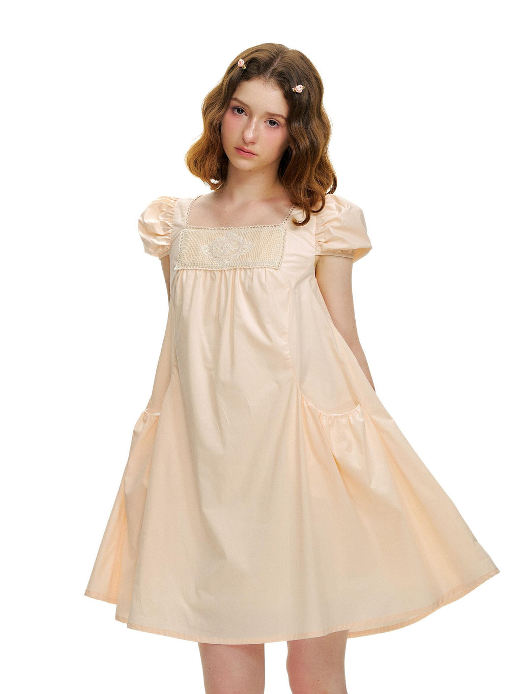 Romance Nanci Peach Pink Lace Embroidered Women's Cotton Lyocell Babydoll Mini Dresses