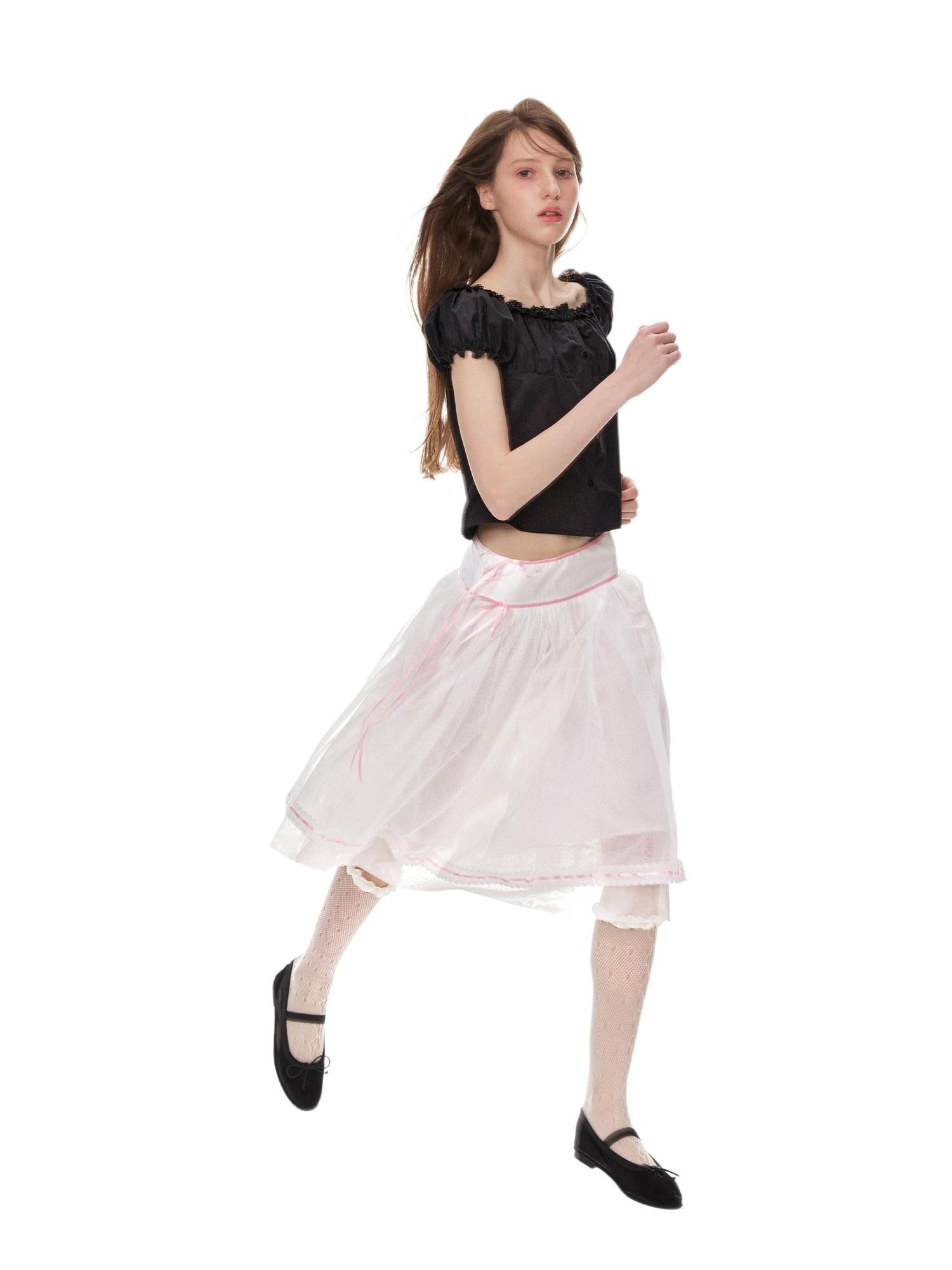 Romance Nanci Pink Ribbon Lace Trim Tulle A Line Low Waist Women's Polyester Midi Skirts