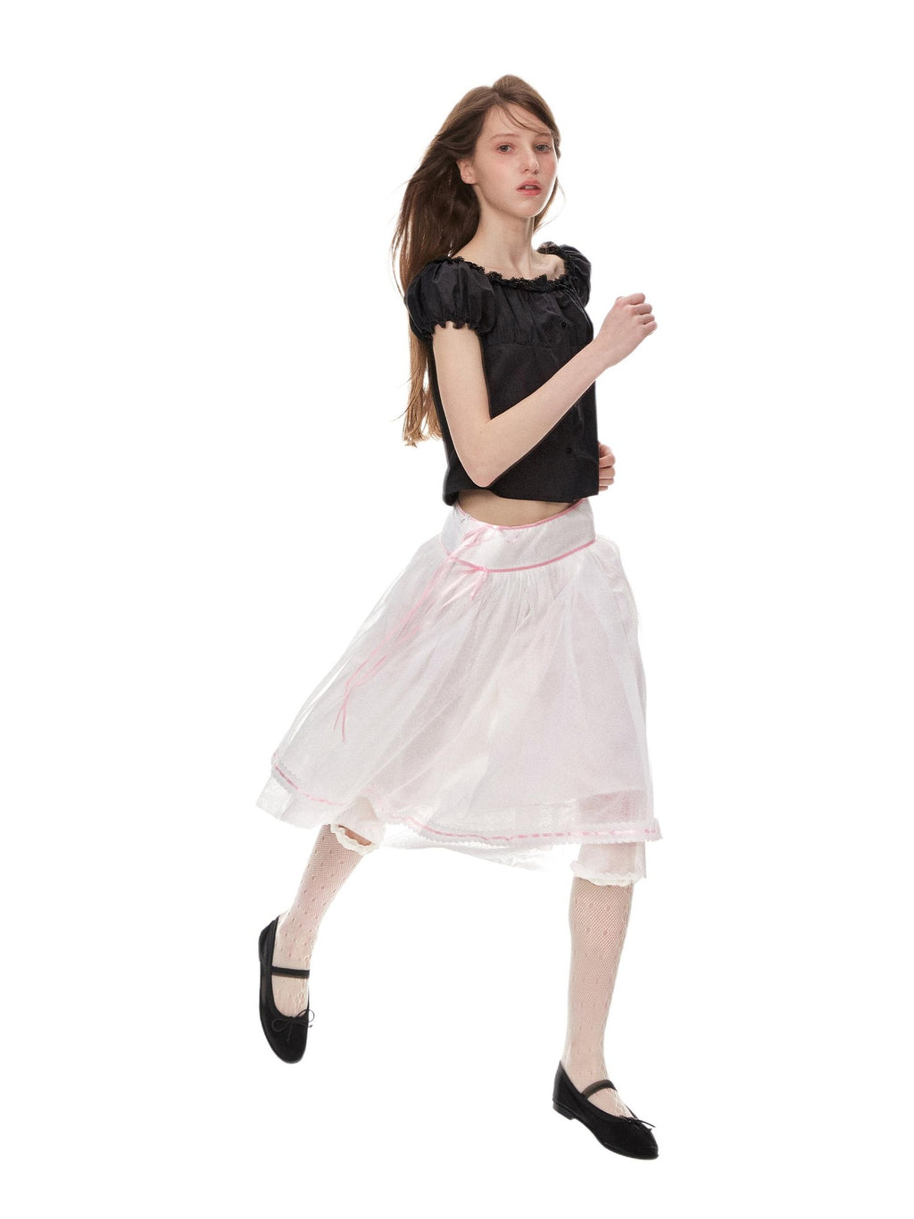 Romance Nanci Pink Ribbon Lace Trim Tulle A Line Low Waist Women's Polyester Midi Skirts