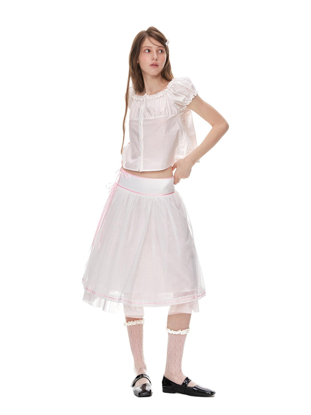 Romance Nanci Pink Ribbon Lace Trim Tulle A Line Low Waist Women's Polyester Midi Skirts