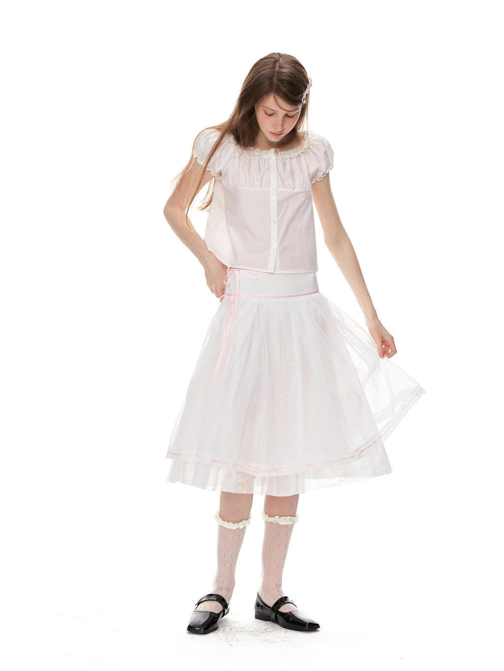 Romance Nanci Pink Ribbon Lace Trim Tulle A Line Low Waist Women's Polyester Midi Skirts