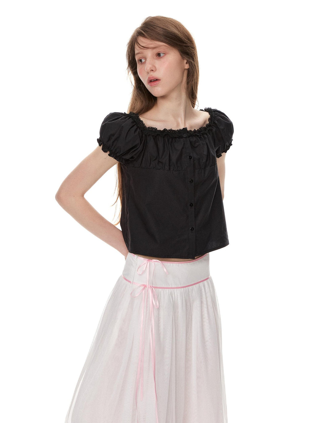 Romance Nanci Pink Ribbon Lace Trim Tulle A Line Low Waist Women's Polyester Midi Skirts