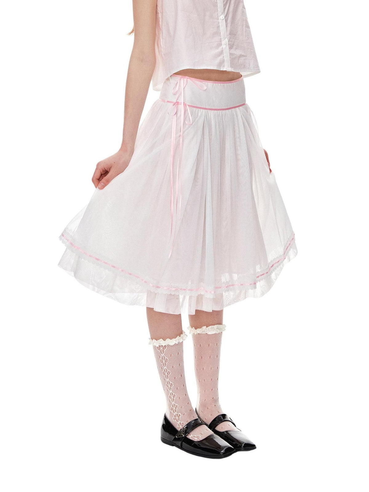 Romance Nanci Pink Ribbon Lace Trim Tulle A Line Low Waist Women's Polyester Midi Skirts