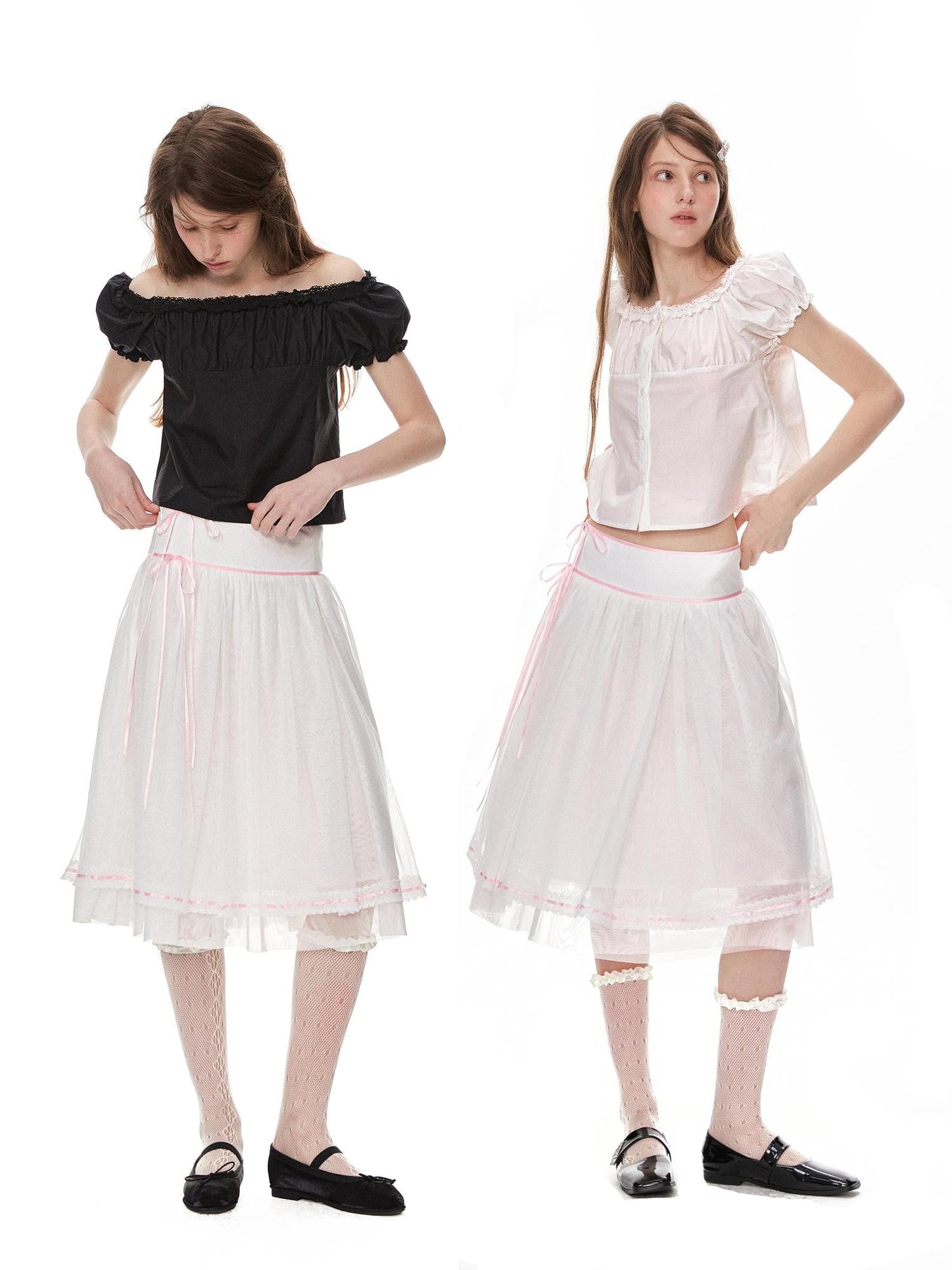 Romance Nanci Pink Ribbon Lace Trim Tulle A Line Low Waist Women's Polyester Midi Skirts