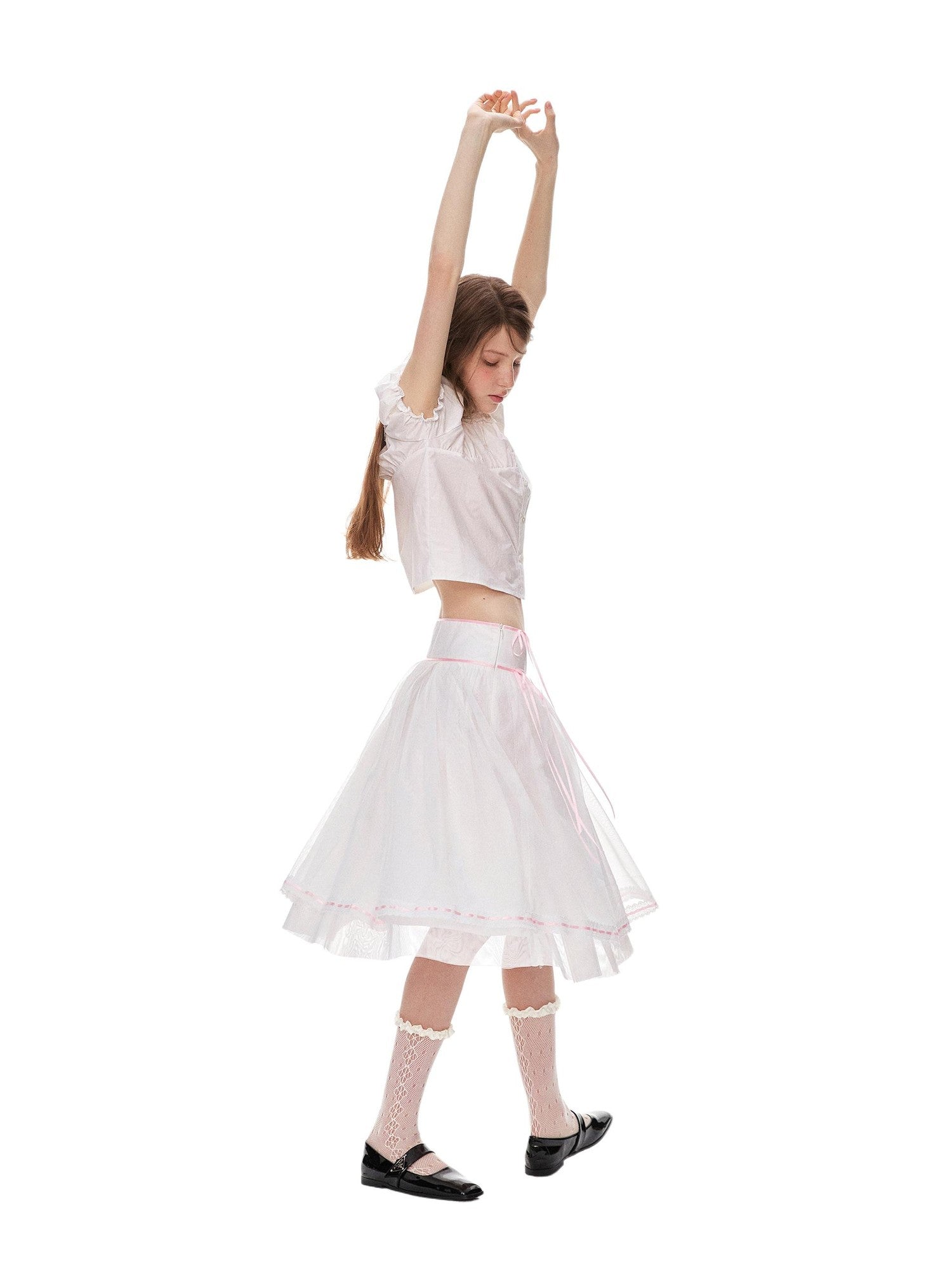 Romance Nanci Pink Ribbon Lace Trim Tulle A Line Low Waist Women's Polyester Midi Skirts