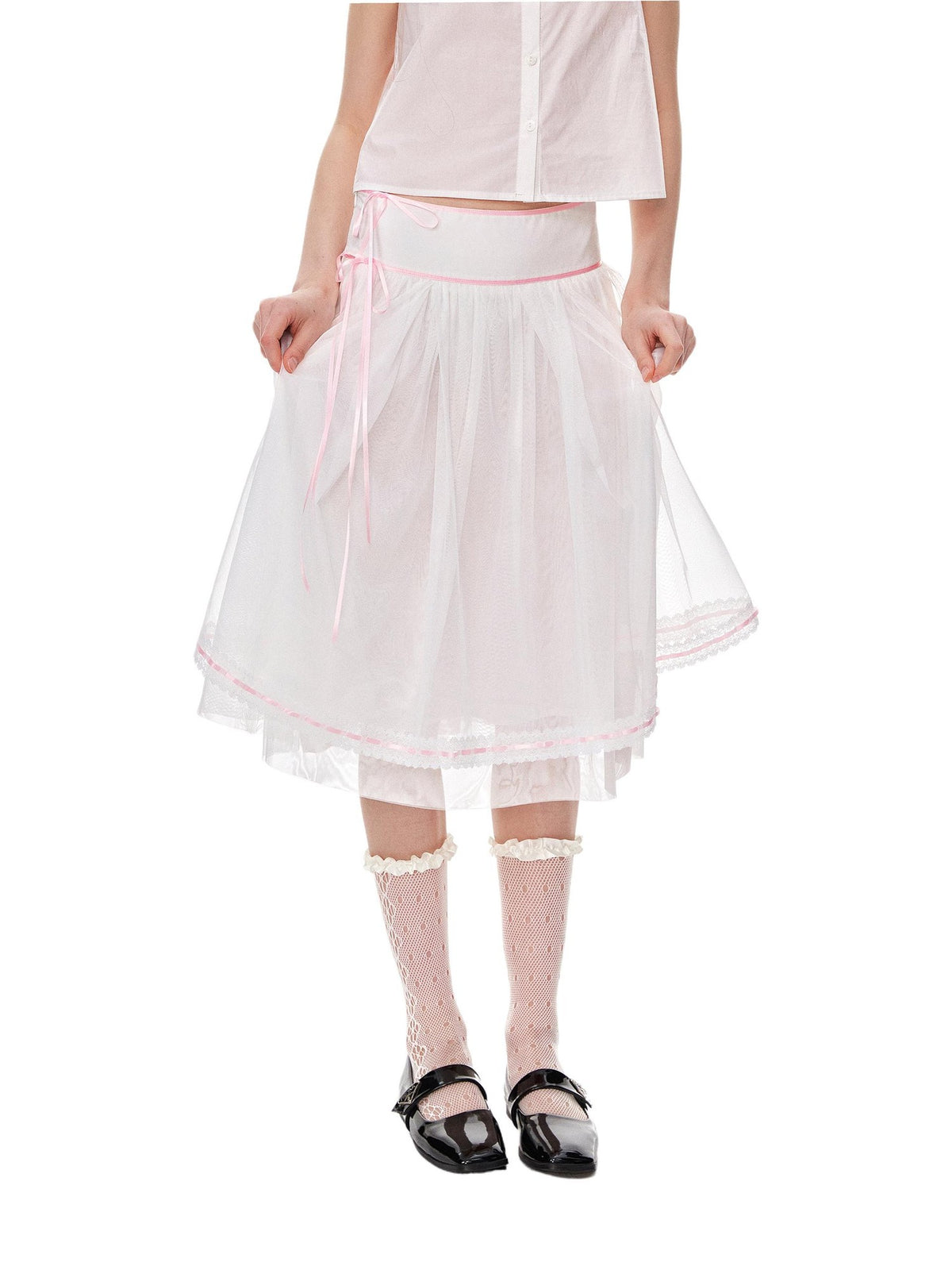 Romance Nanci Pink Ribbon Lace Trim Tulle A Line Low Waist Women's Polyester Midi Skirts