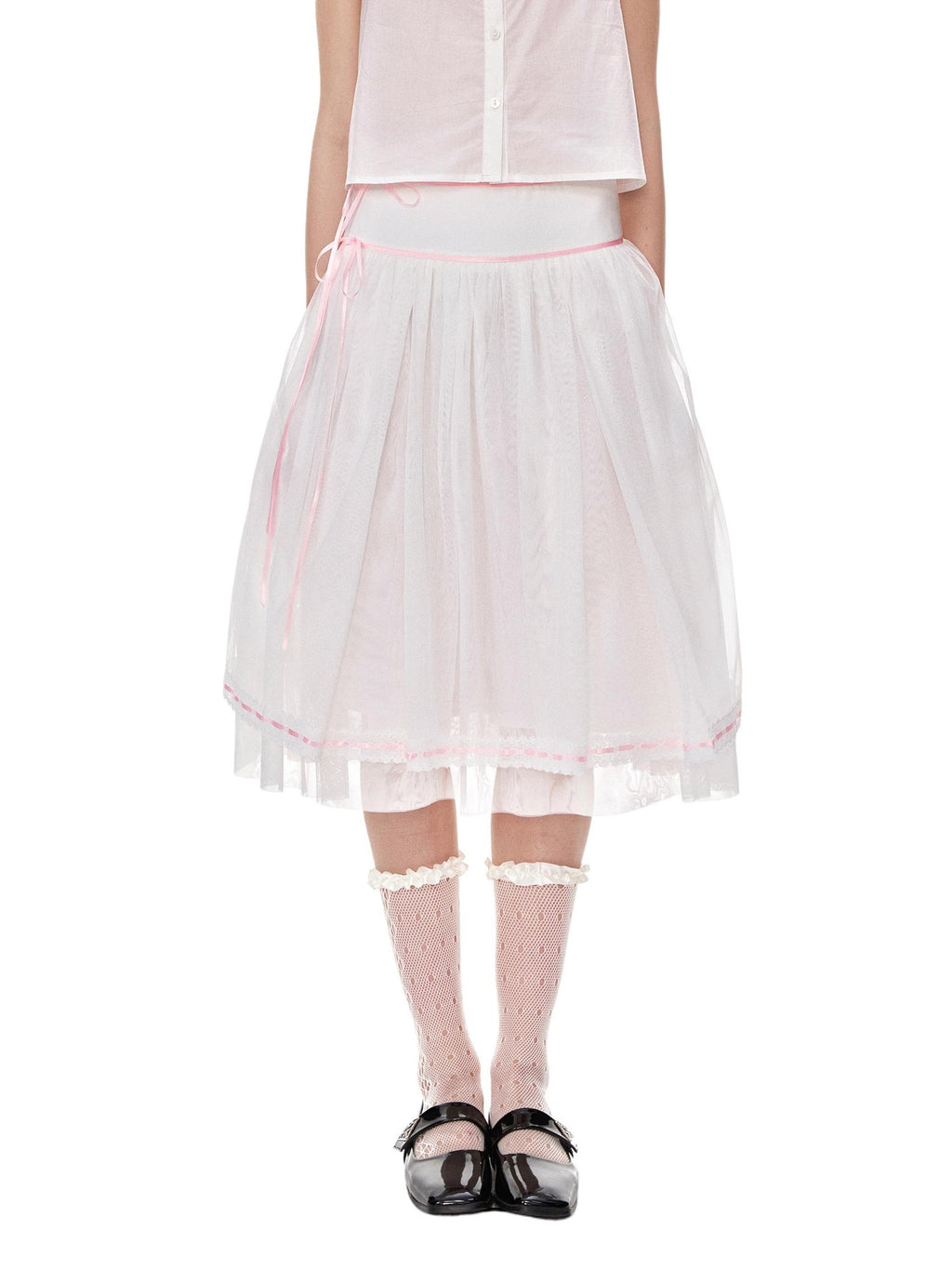 Romance Nanci Pink Ribbon Lace Trim Tulle A Line Low Waist Women's Polyester Midi Skirts