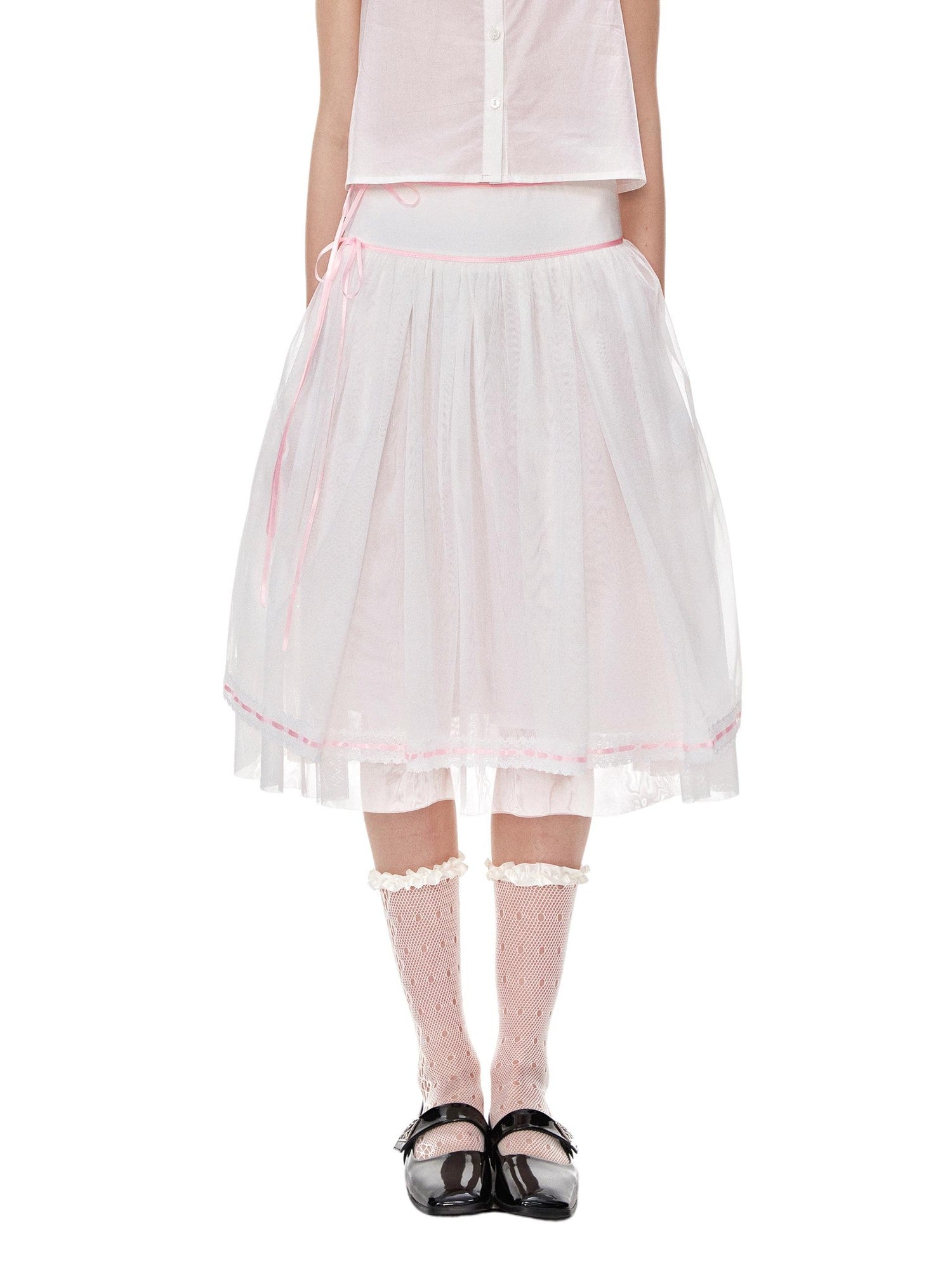Romance Nanci Pink Ribbon Lace Trim Tulle A Line Low Waist Women's Polyester Midi Skirts