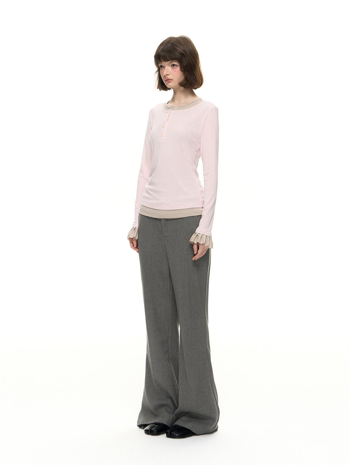 Romance Nanci Pink Ruffle Sleeve Faux Two Piece Women's Lyocell Long Sleeve T-shirts