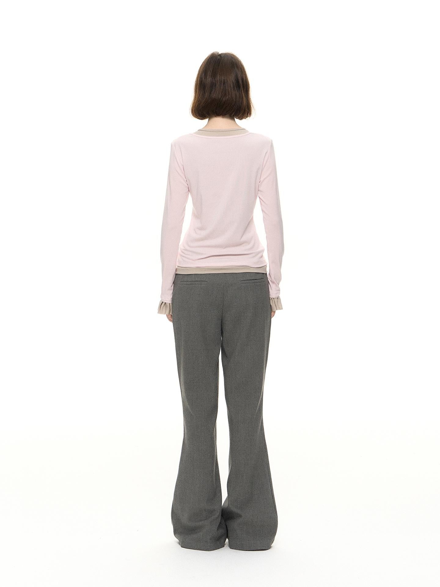Romance Nanci Pink Ruffle Sleeve Faux Two Piece Women's Lyocell Long Sleeve T-shirts