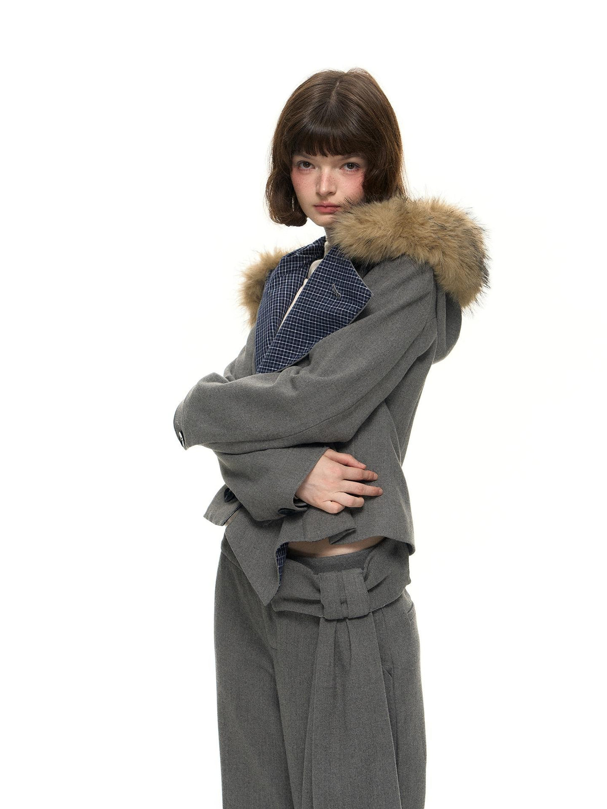 Romance Nanci Plaid Patchwork Pleated Women's Fleece Lined Detachable Fur Collar Fleece Jackets