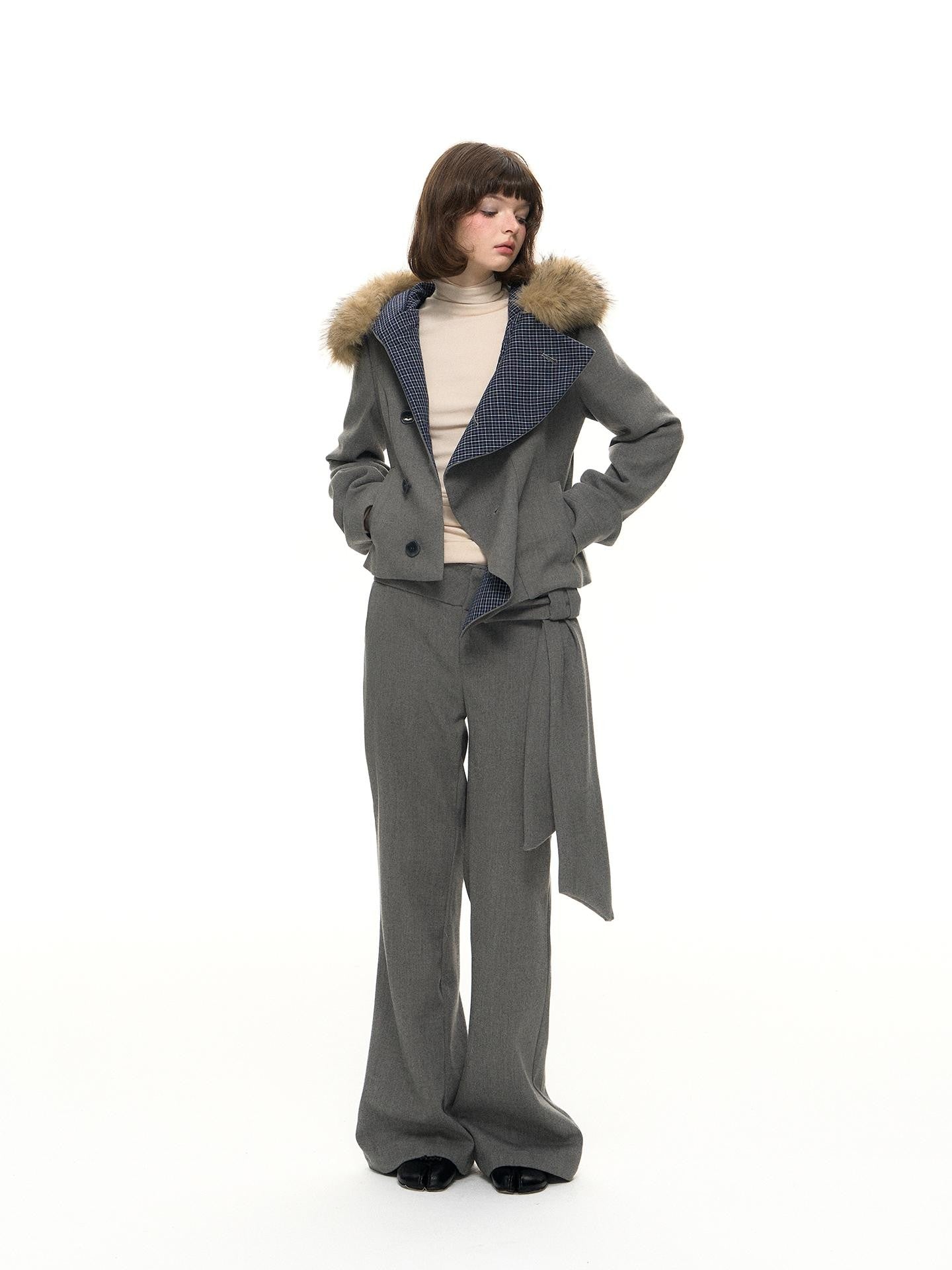 Romance Nanci Plaid Patchwork Pleated Women's Fleece Lined Detachable Fur Collar Fleece Jackets