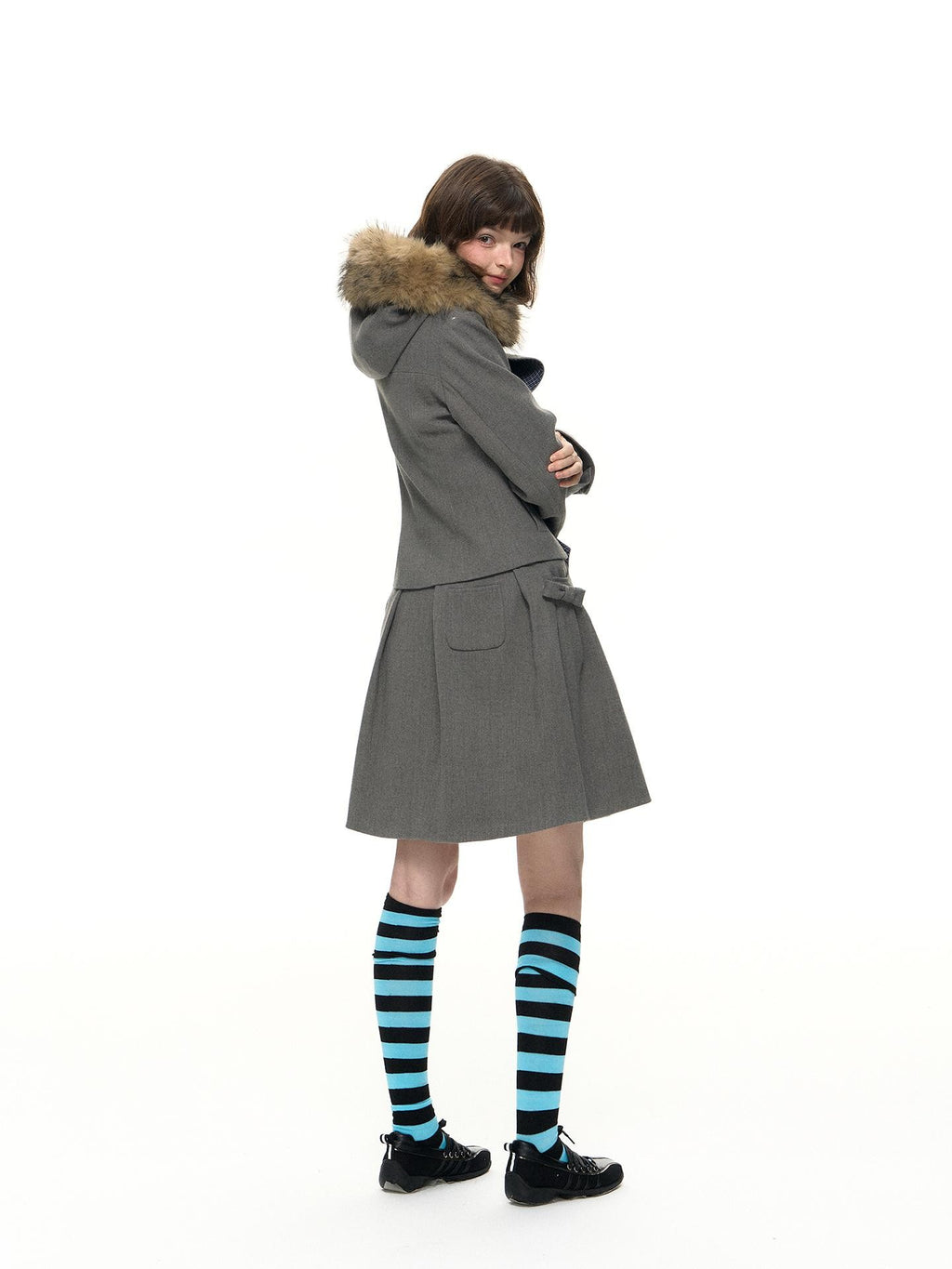 Romance Nanci Plaid Patchwork Pleated Women's Fleece Lined Detachable Fur Collar Fleece Jackets