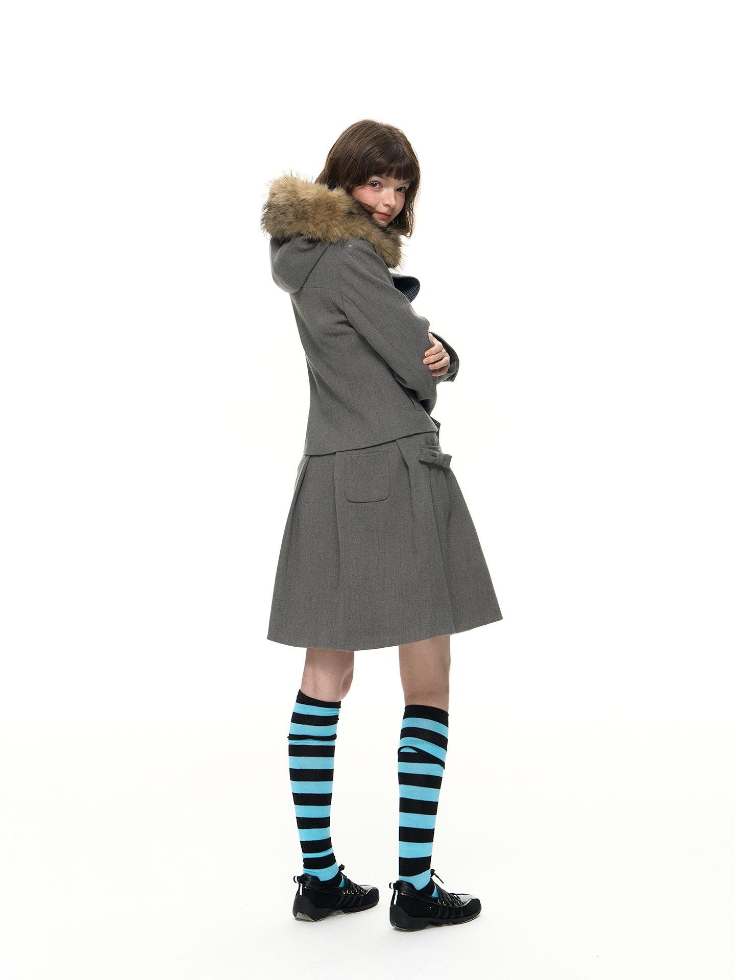 Romance Nanci Plaid Patchwork Pleated Women's Fleece Lined Detachable Fur Collar Fleece Jackets