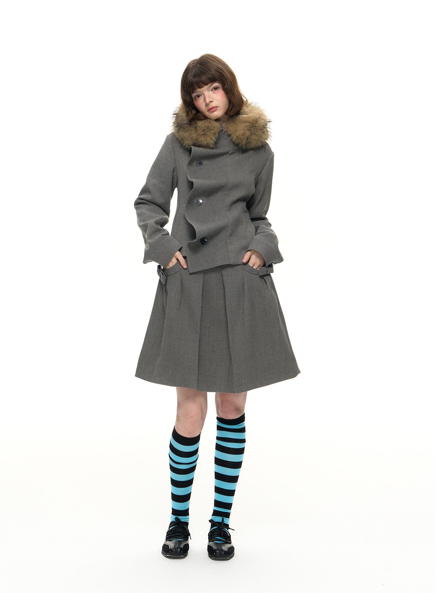 Romance Nanci Plaid Patchwork Pleated Women's Fleece Lined Detachable Fur Collar Fleece Jackets