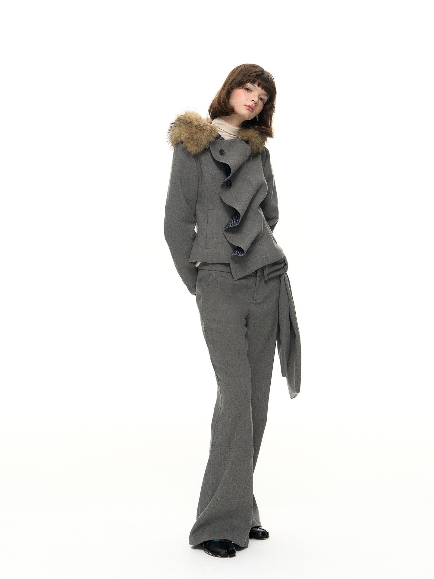 Romance Nanci Plaid Patchwork Pleated Women's Fleece Lined Detachable Fur Collar Fleece Jackets