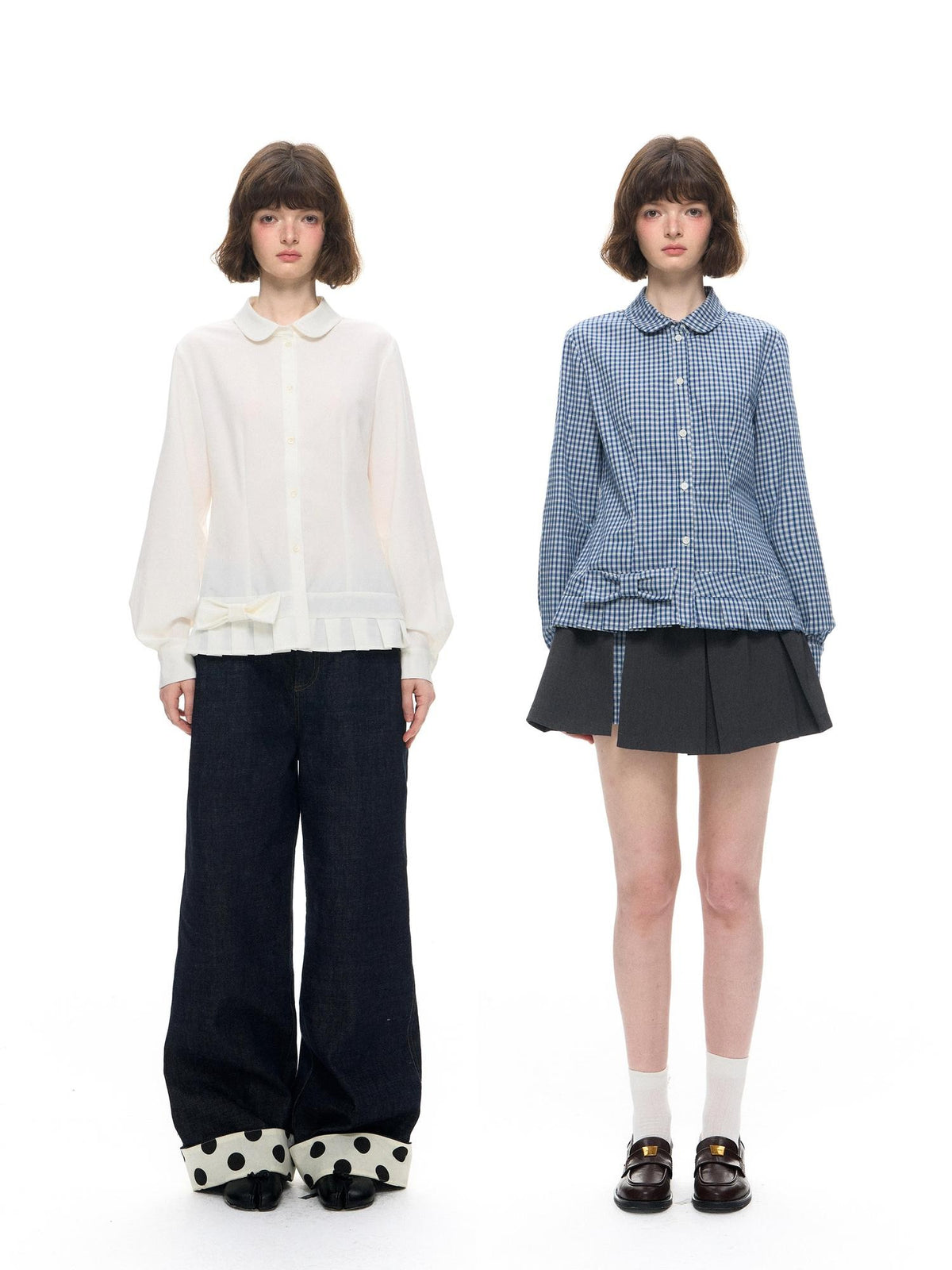Romance Nanci Plaid Peter Pan Collar Pleated Layered Women's Cotton Blouses