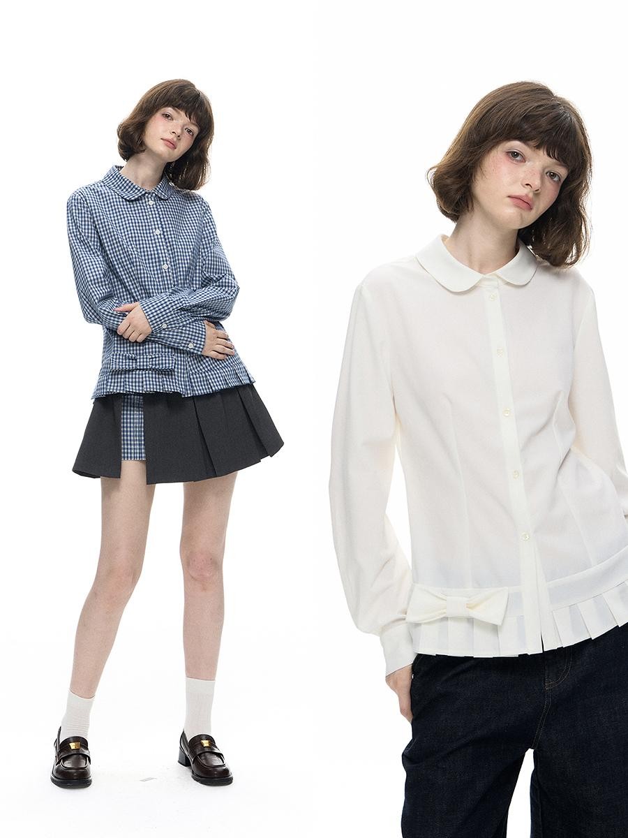Romance Nanci Plaid Peter Pan Collar Pleated Layered Women's Cotton Blouses