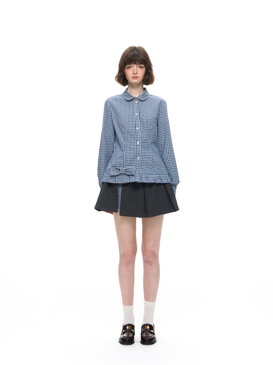 Romance Nanci Plaid Peter Pan Collar Pleated Layered Women's Cotton Blouses