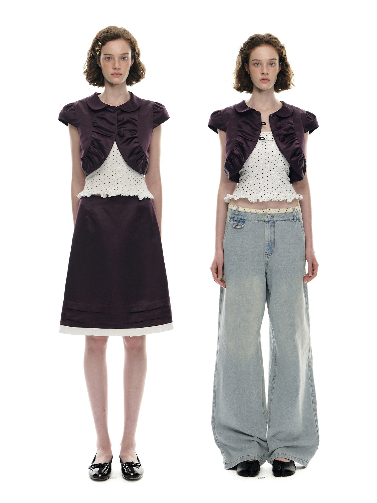 Romance_Nanci_Plum_Purple_Polka_Dot_Doll_Collar_Vintage_Women's_Satin_Matching_Skirt_Sets_1033675959351_MISSTT