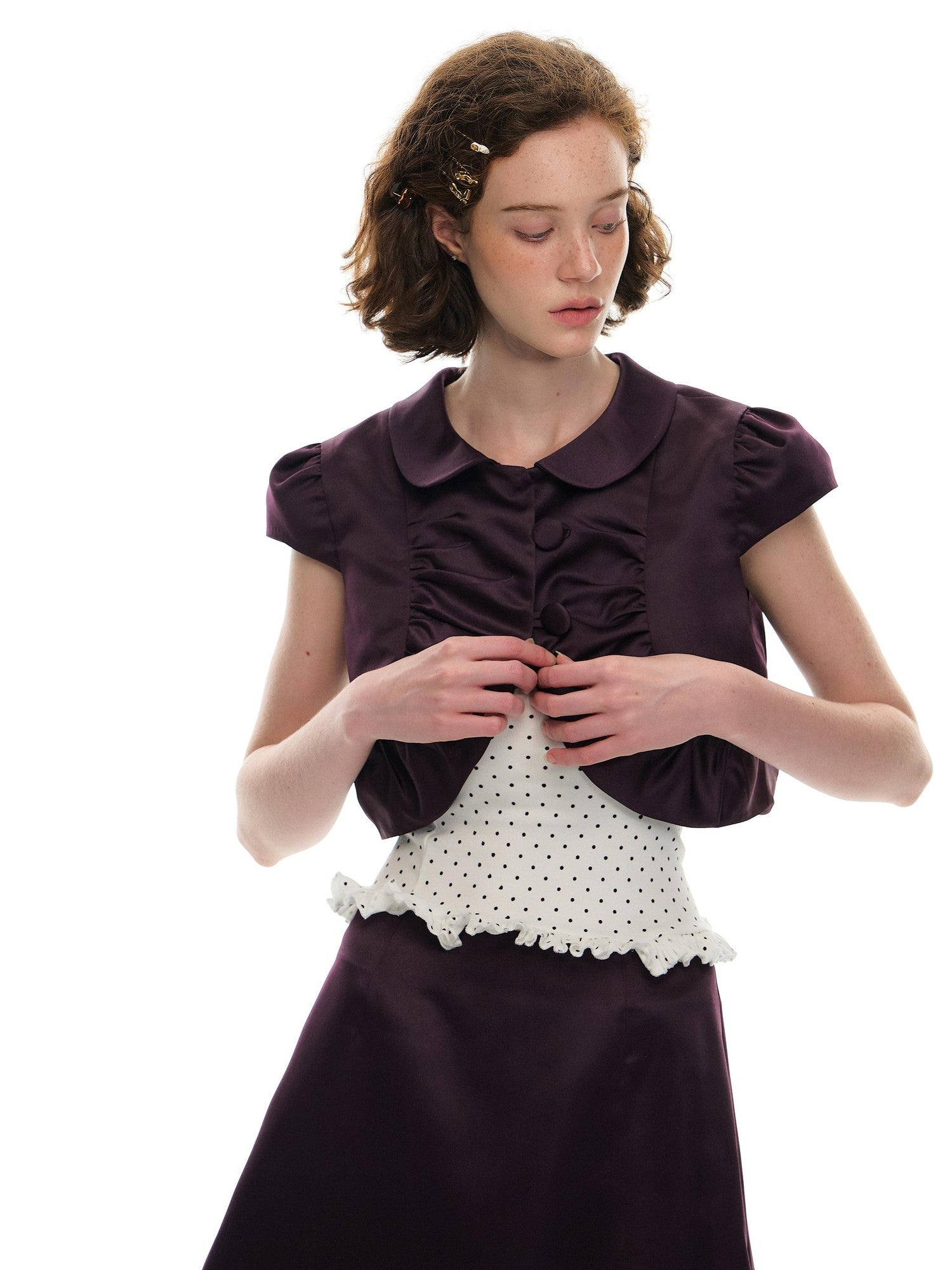 Romance Nanci Plum Purple Polka Dot Doll Collar Vintage Women's Satin Matching Skirt Sets