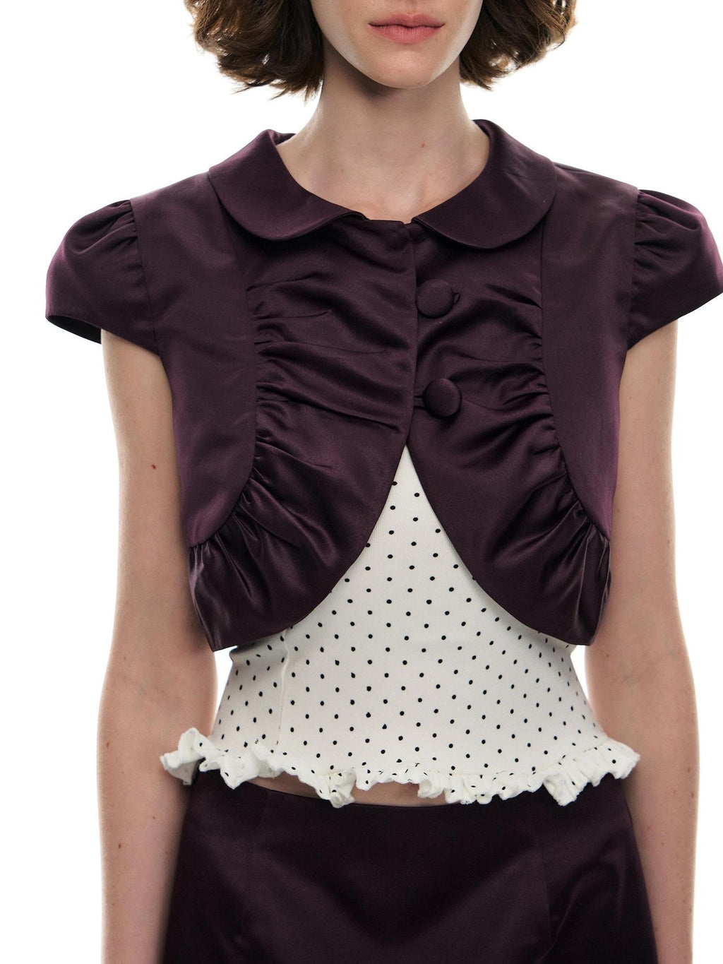 Romance Nanci Plum Purple Polka Dot Doll Collar Vintage Women's Satin Matching Skirt Sets