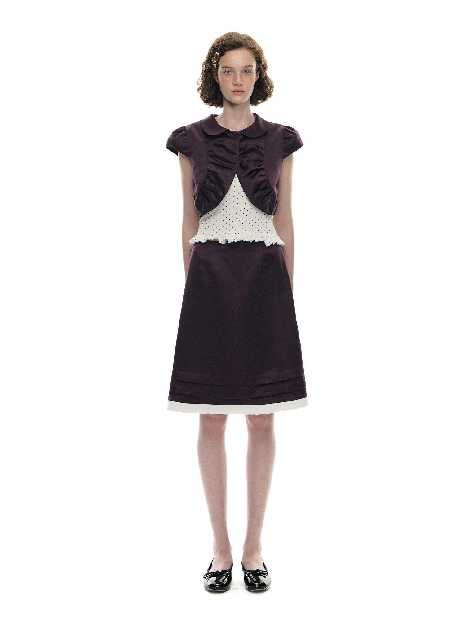 Romance Nanci Plum Purple Polka Dot Doll Collar Vintage Women's Satin Matching Skirt Sets