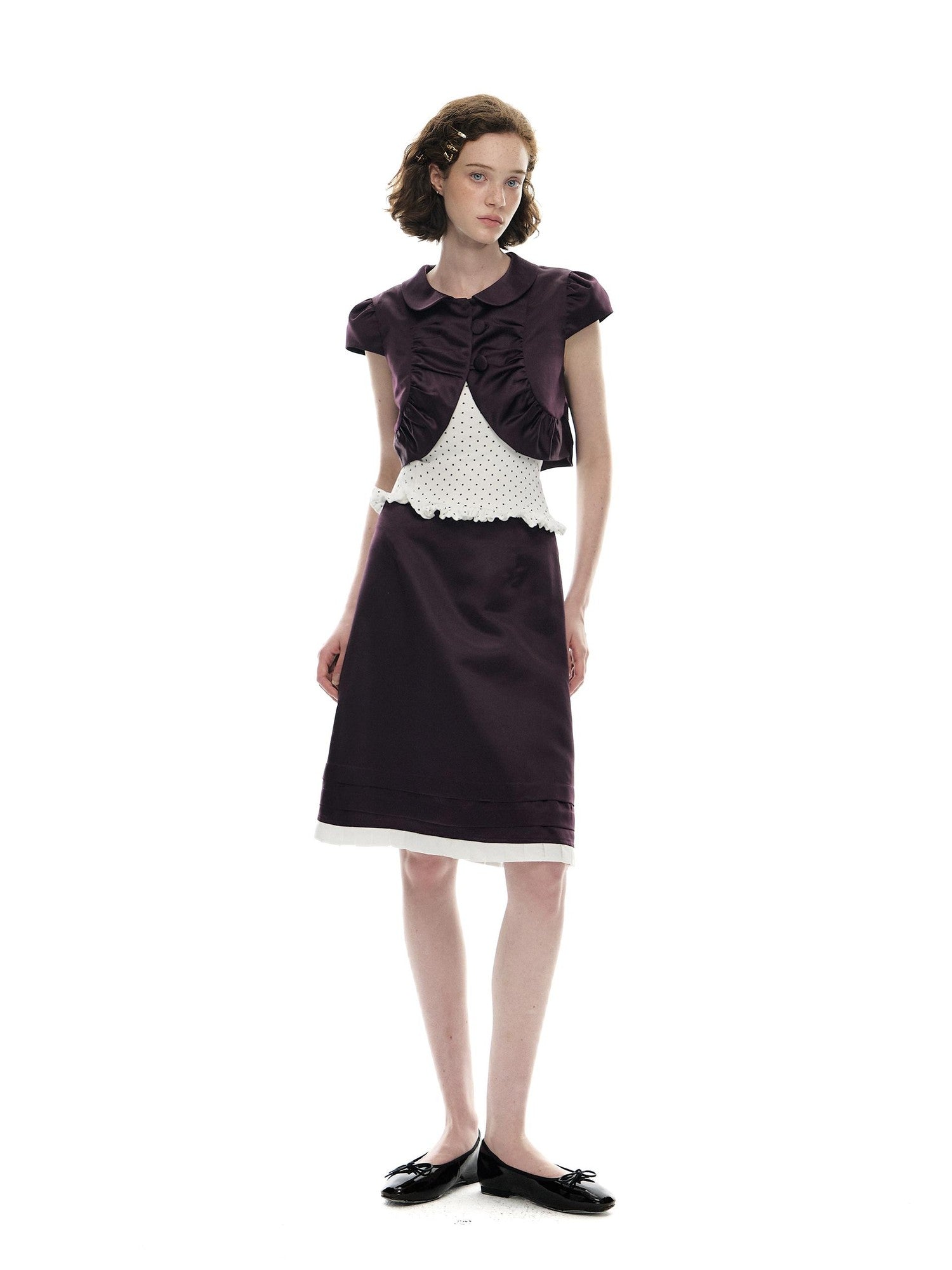Romance Nanci Plum Purple Polka Dot Doll Collar Vintage Women's Satin Matching Skirt Sets
