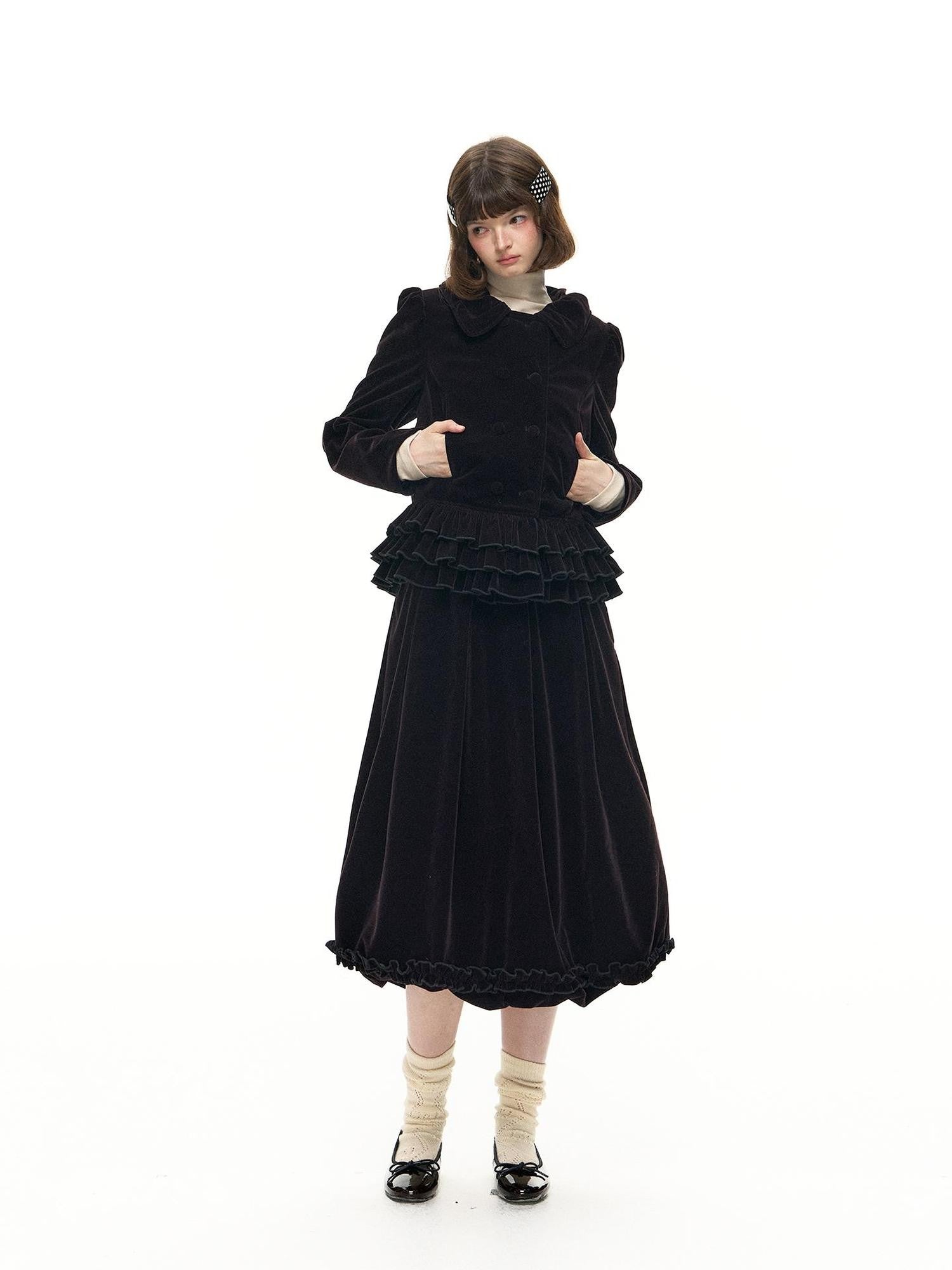 Romance Nanci Plum Ruffle Doll Collar Short Jacket Women's Velvet Matching Skirt Sets
