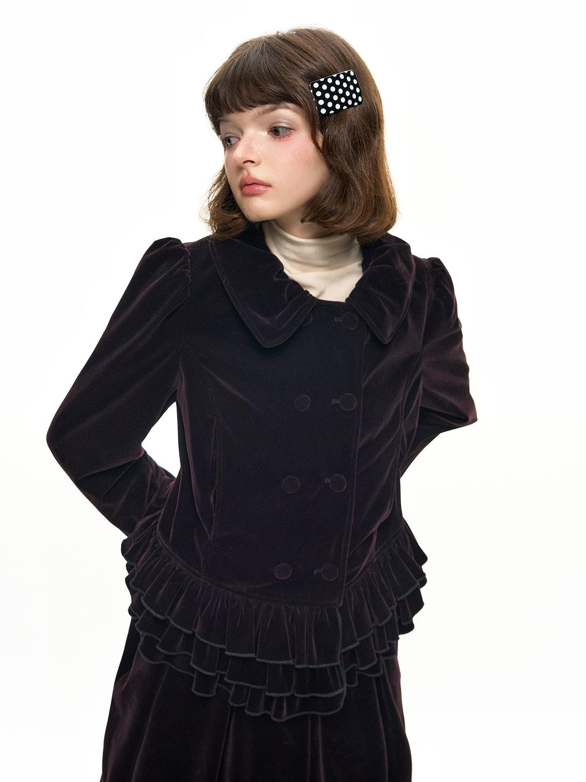 Romance Nanci Plum Ruffle Doll Collar Short Jacket Women's Velvet Matching Skirt Sets