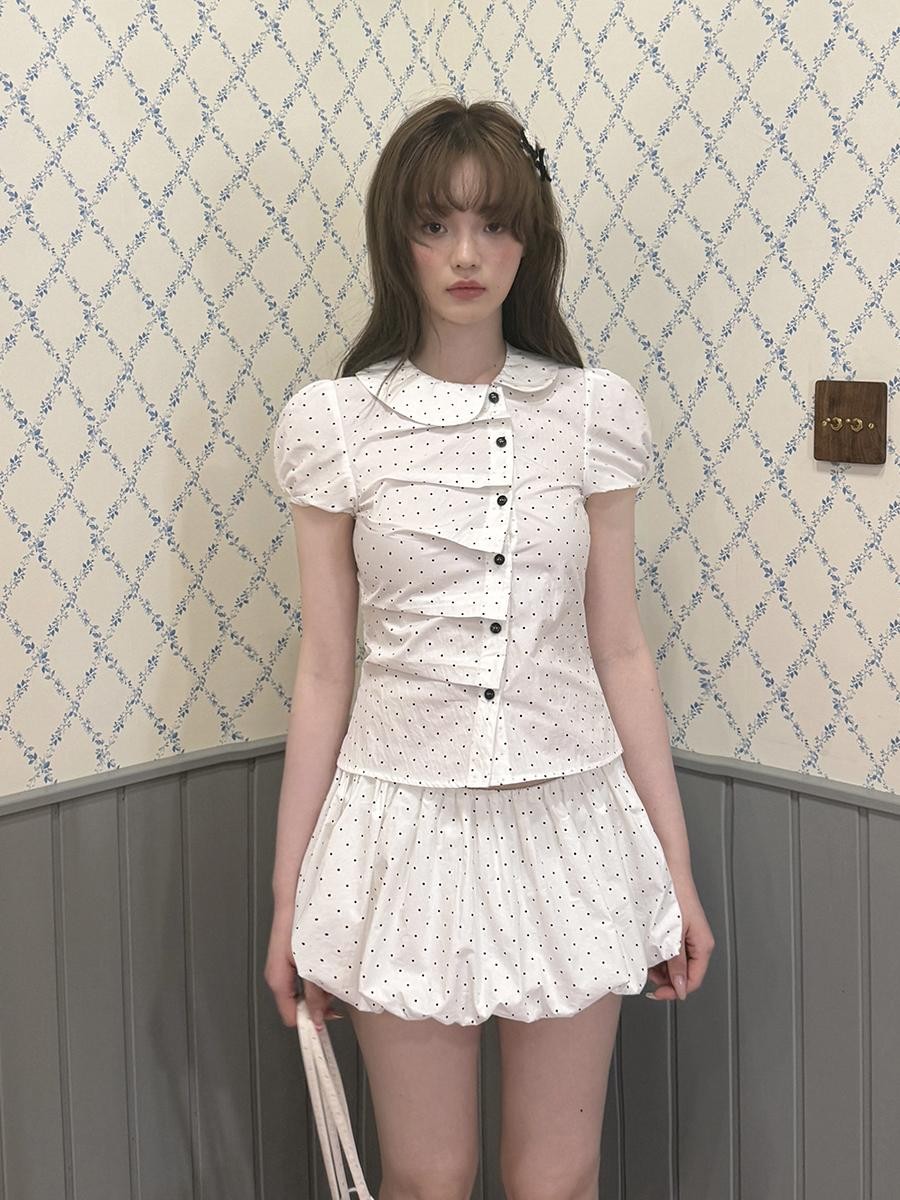 Romance Nanci Polka Dot Pleated Doll Collar Slimming Tulip Skirt Women's Matching Skirt Sets