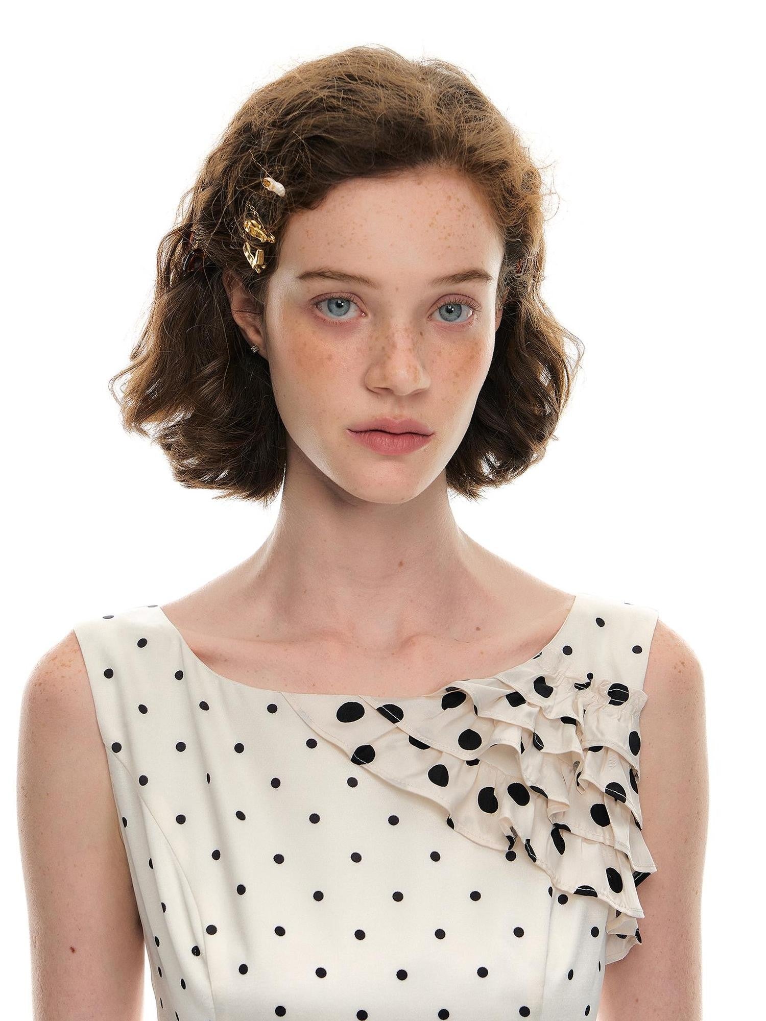 Romance Nanci Polka Dot Ruffle Lace Women's Polyester Cinched Waist Slip Midi Dresses