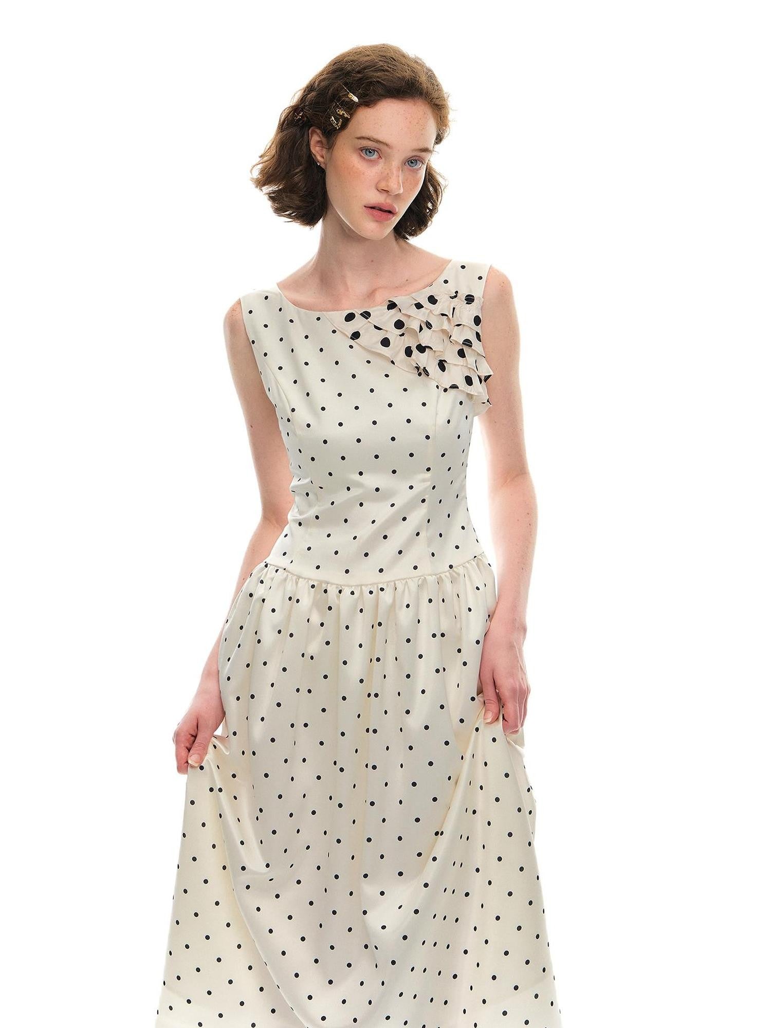 Romance Nanci Polka Dot Ruffle Lace Women's Polyester Cinched Waist Slip Midi Dresses