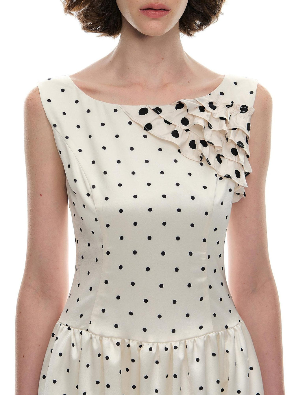 Romance Nanci Polka Dot Ruffle Lace Women's Polyester Cinched Waist Slip Midi Dresses
