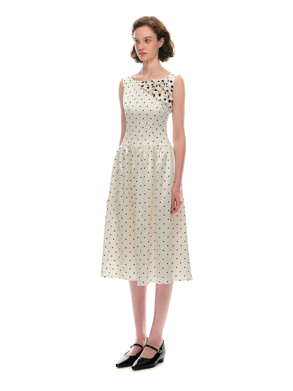 Romance Nanci Polka Dot Ruffle Lace Women's Polyester Cinched Waist Slip Midi Dresses