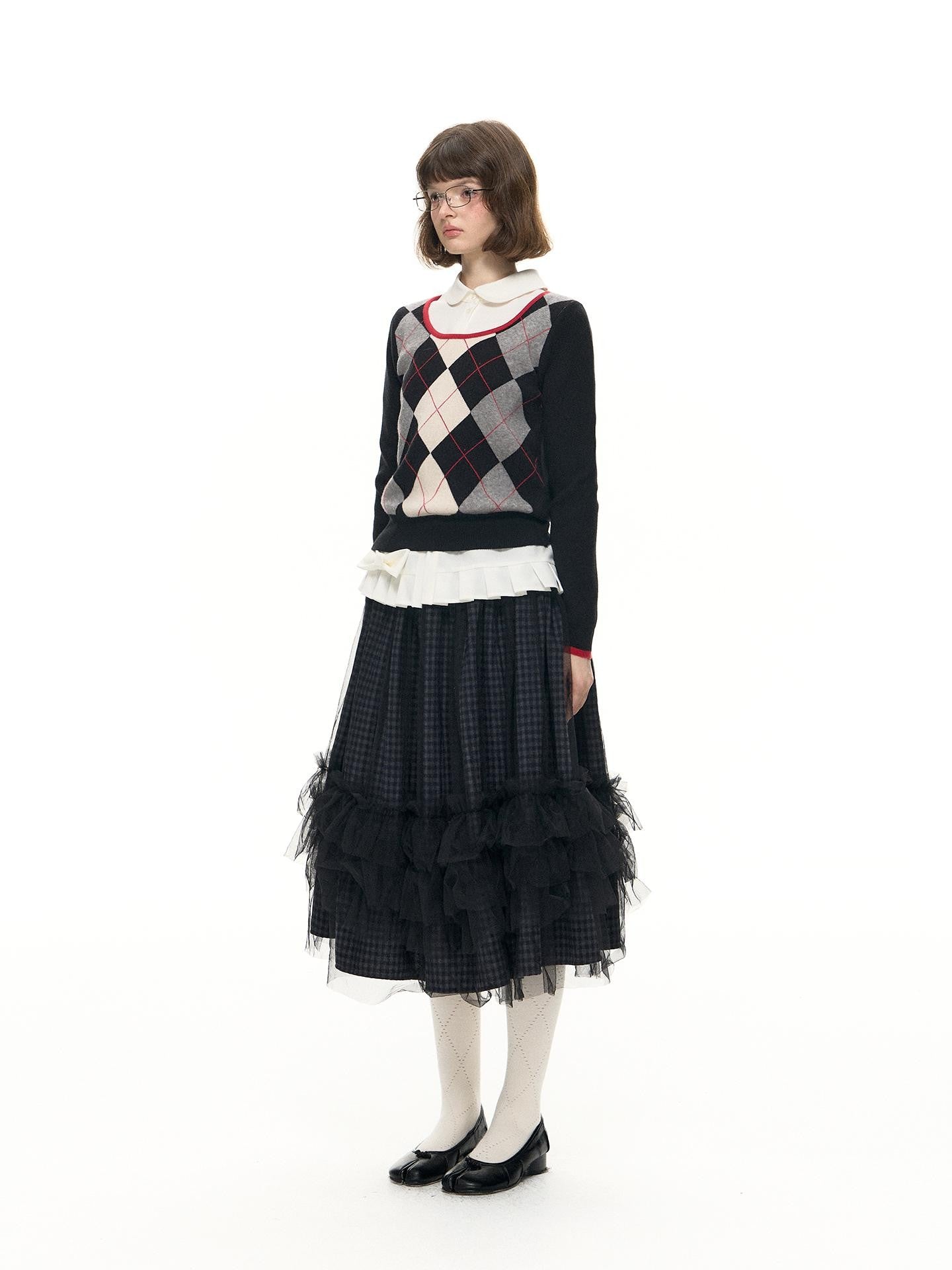 Romance Nanci Preppy Diamond Pattern U Neck Contrast Women's Modal Blend Pullover Sweaters