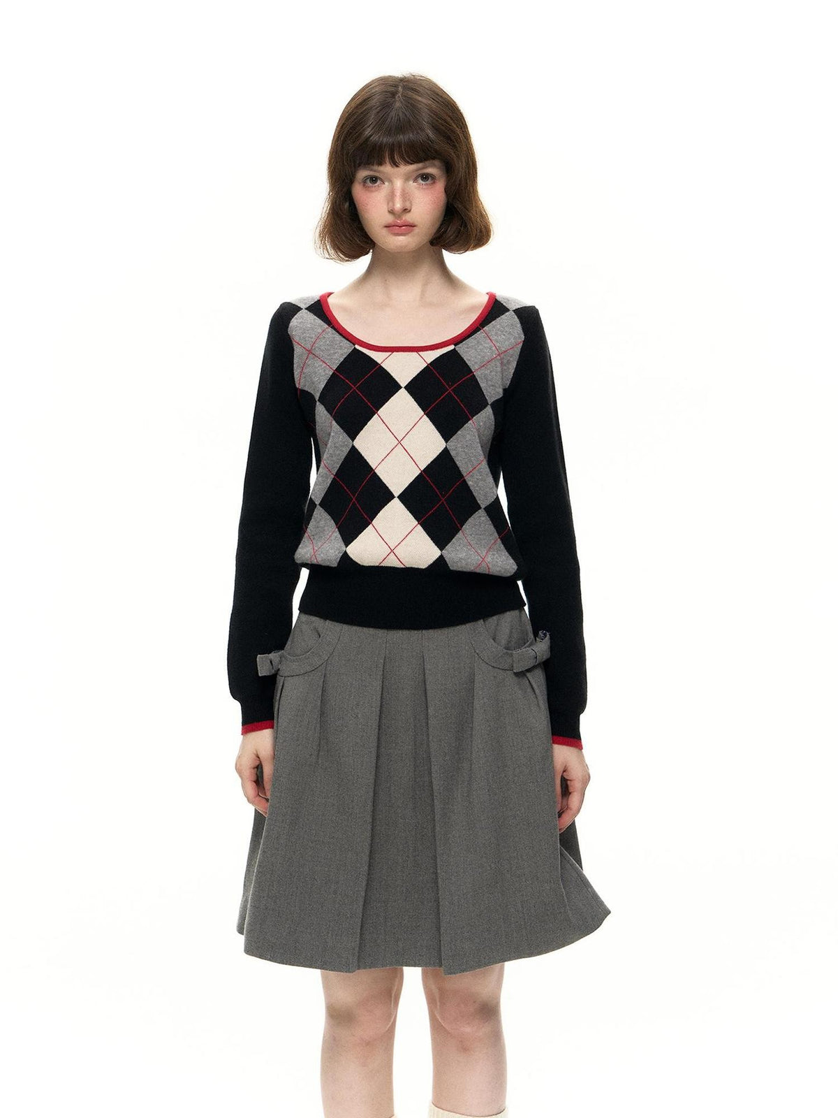Romance Nanci Preppy Diamond Pattern U Neck Contrast Women's Modal Blend Pullover Sweaters