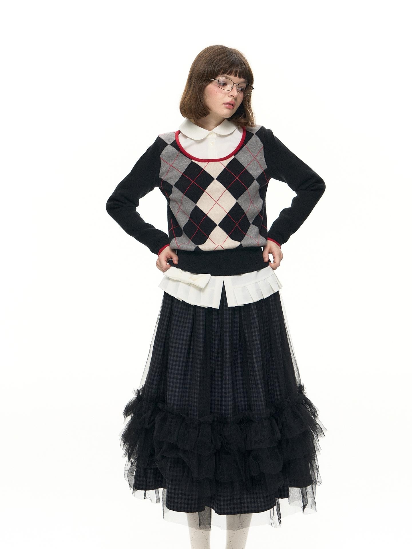 Romance Nanci Preppy Diamond Pattern U Neck Contrast Women's Modal Blend Pullover Sweaters