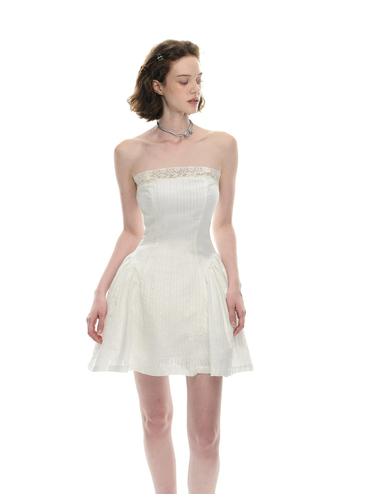 Romance Nanci Puff Sleeve Strapless Two Piece Fitted Waist Women's Cotton Tube Mini Dresses