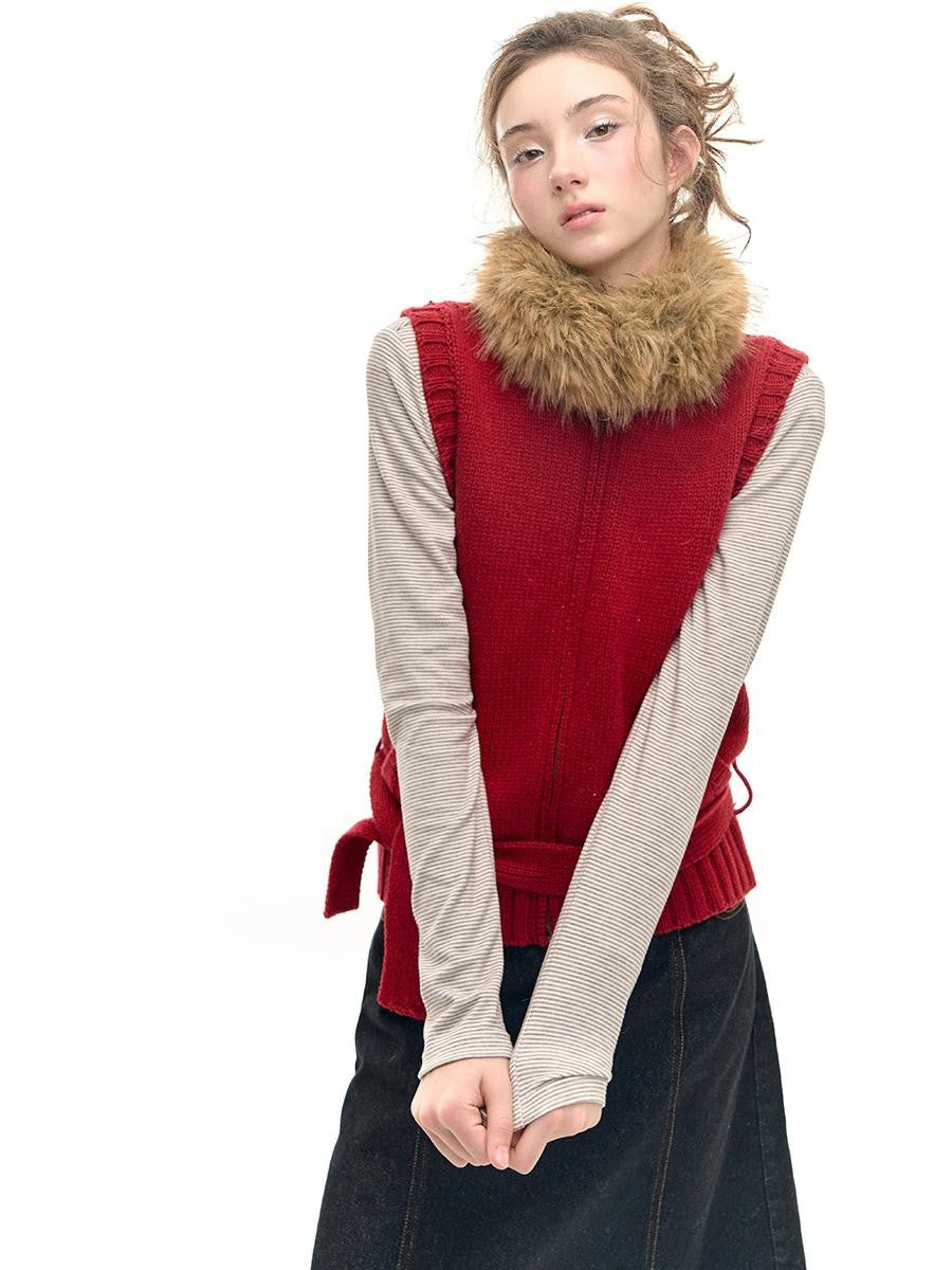 Romance Nanci Red Detachable Fur Collar Stand Collar Vest Women's Acrylic Wool Blend Tank Tops