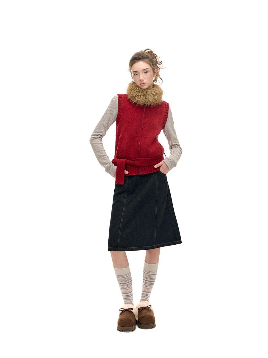 Romance Nanci Red Detachable Fur Collar Stand Collar Vest Women's Acrylic Wool Blend Tank Tops