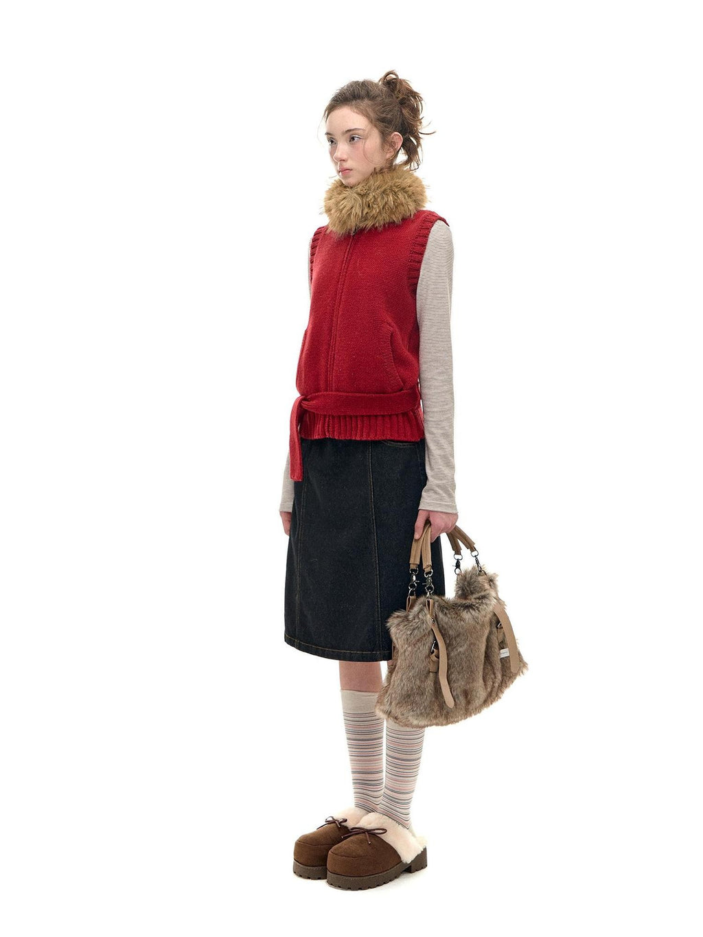 Romance Nanci Red Detachable Fur Collar Stand Collar Vest Women's Acrylic Wool Blend Tank Tops